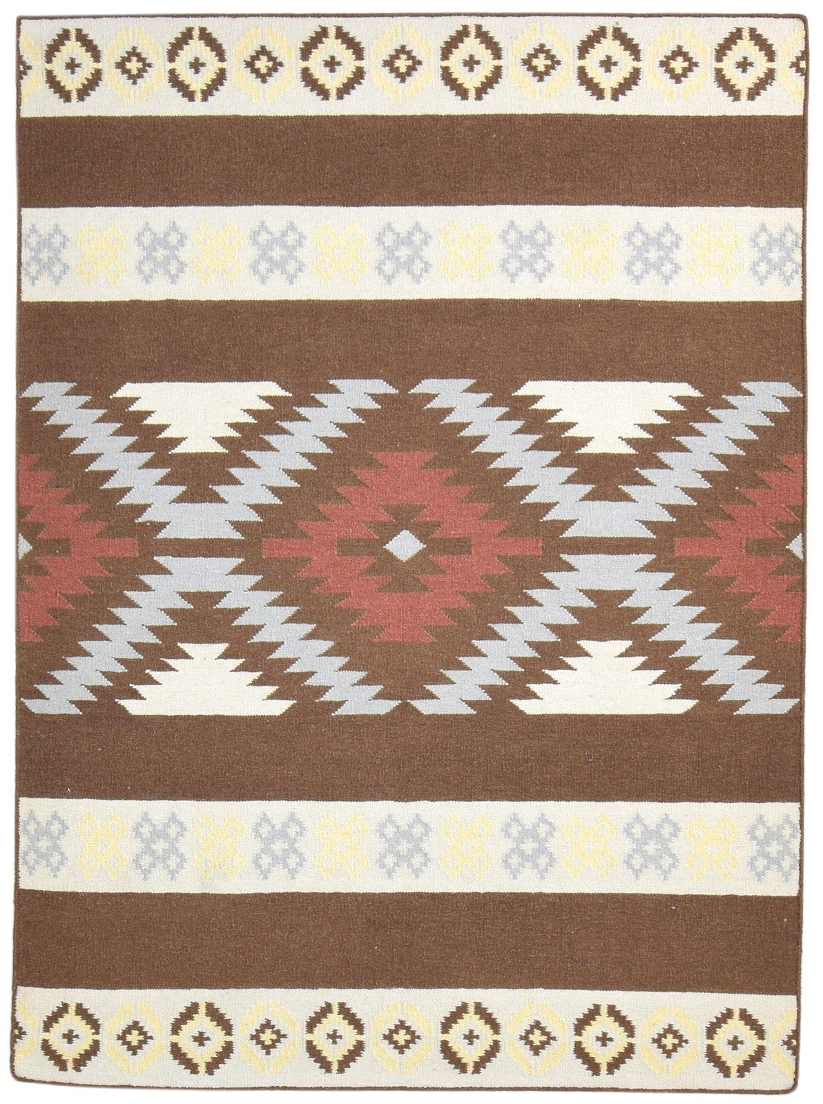 Dhurrie Brown Wool Rug 5' X 7' Southwestern American Tribal Room Size Carpet 