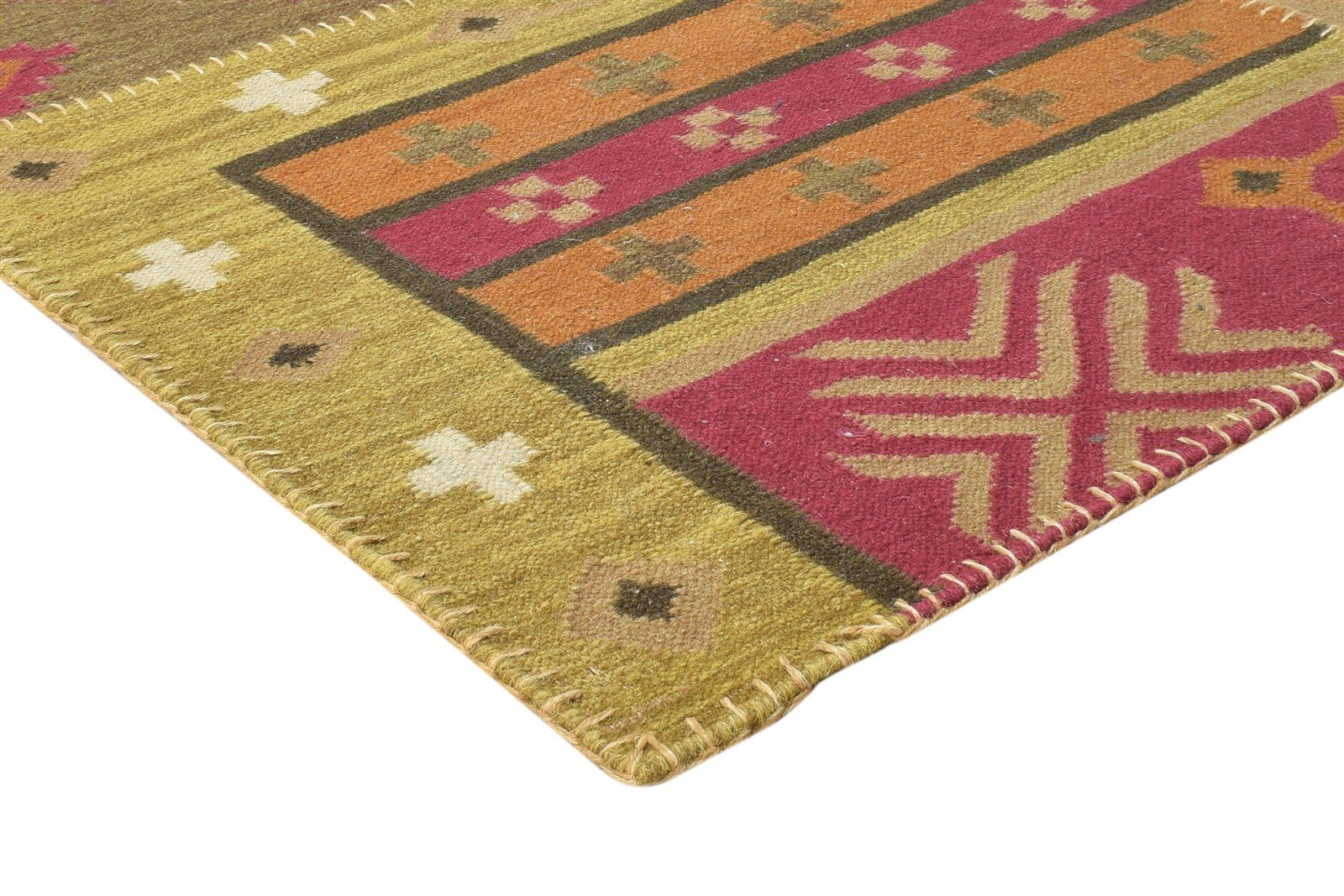 Olive Wool Rug 6' X 8' Southwestern Dhurrie American Tribal Room Size Carpet 