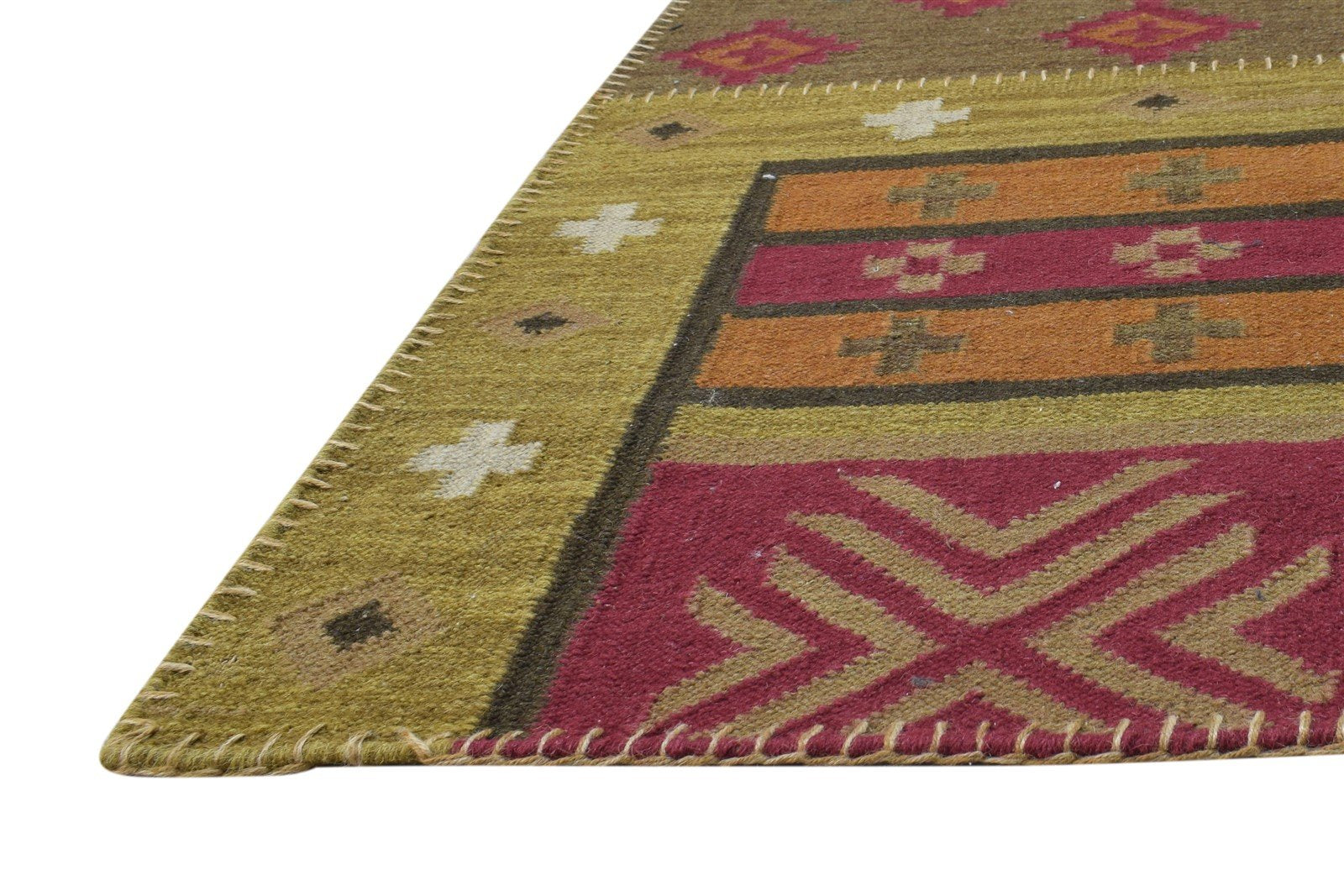 Olive Wool Rug 6' X 8' Southwestern Dhurrie American Tribal Room Size Carpet 