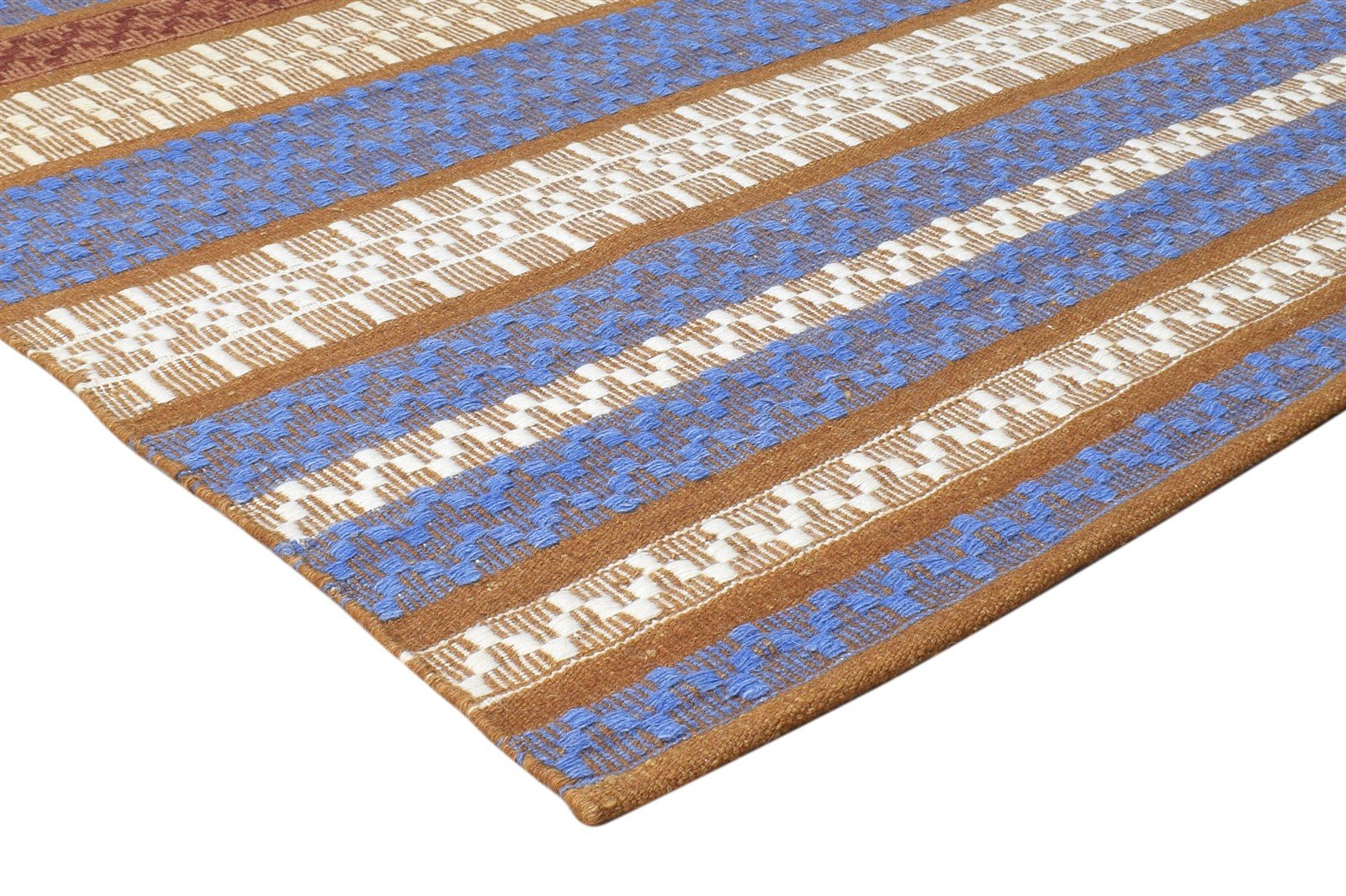 Wool Blue Rug 5' X 8' Modern Dhurrie Scandinavian Striped Room Size Carpet 