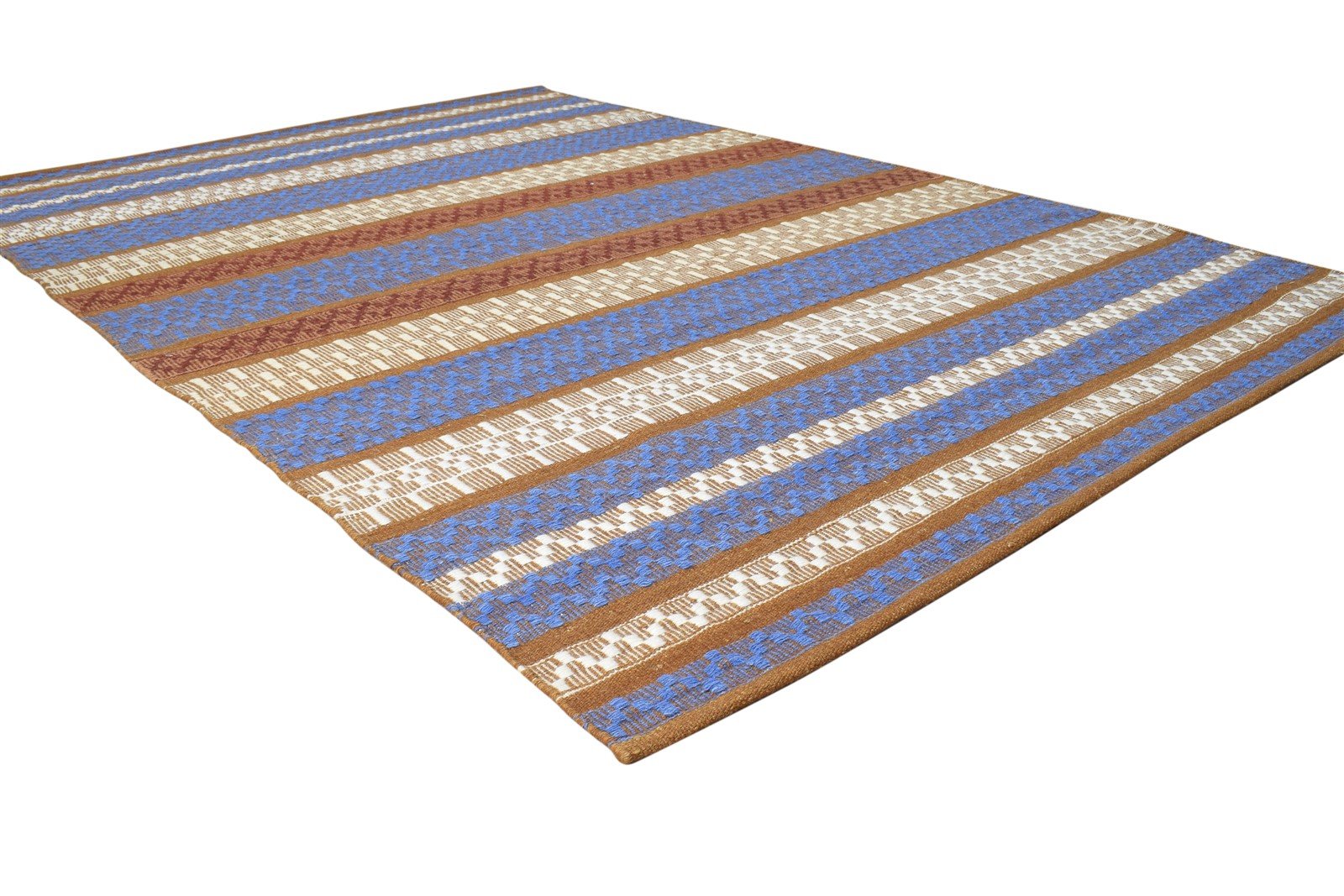 Wool Blue Rug 5' X 8' Modern Dhurrie Scandinavian Striped Room Size Carpet 