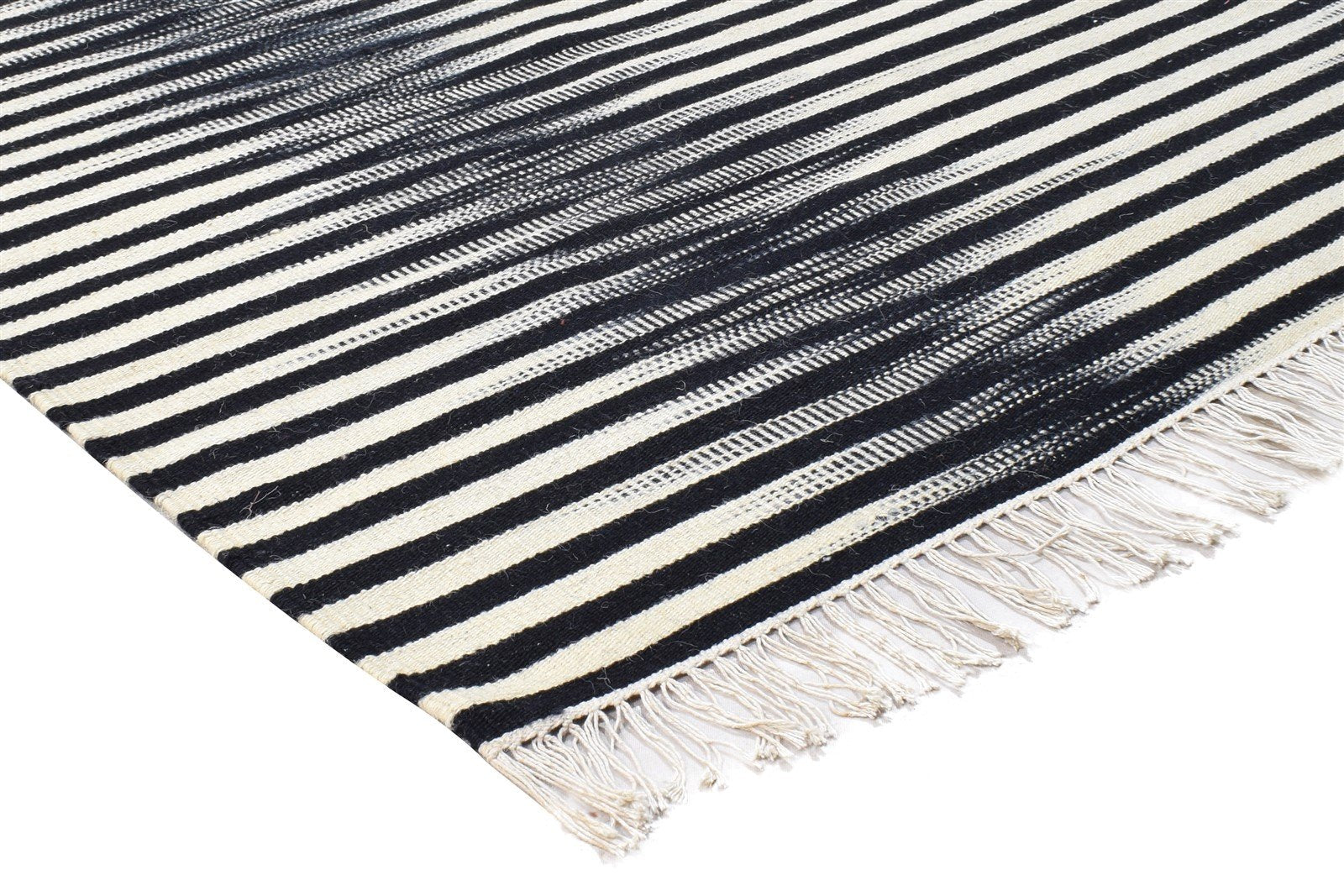 Dhurrie Black Wool Rug 5' X 8' Modern Scandinavian Striped Room Size Carpet 