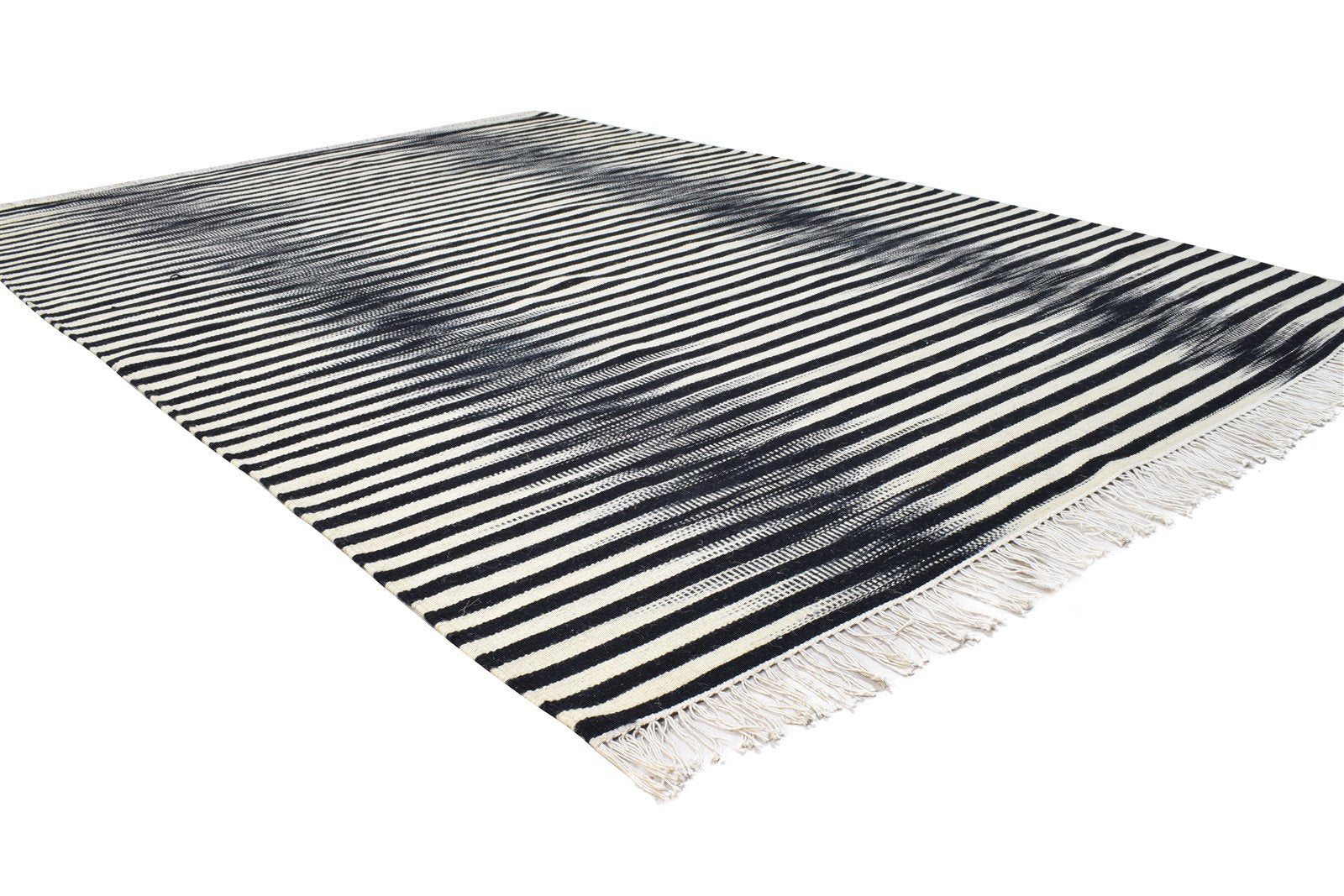 Dhurrie Black Wool Rug 5' X 8' Modern Scandinavian Striped Room Size Carpet 