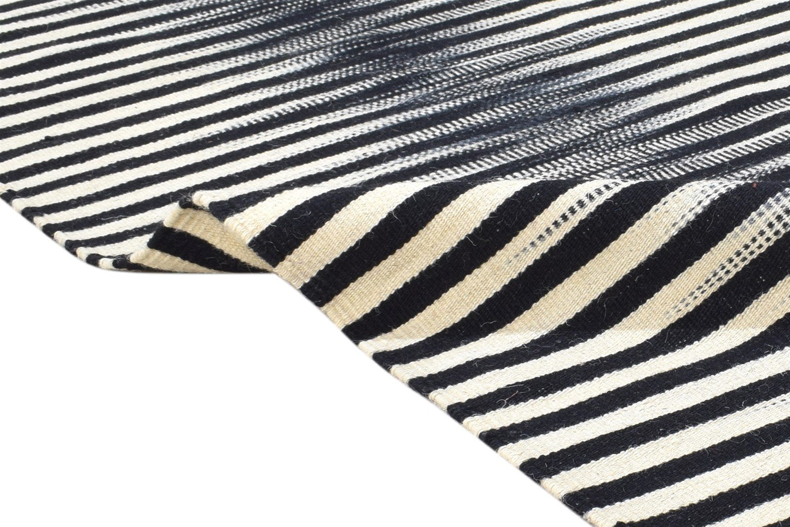 Dhurrie Black Wool Rug 5' X 8' Modern Scandinavian Striped Room Size Carpet 