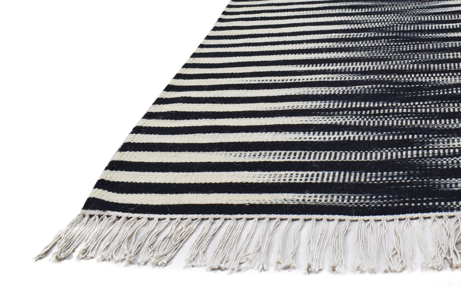 Dhurrie Black Wool Rug 5' X 8' Modern Scandinavian Striped Room Size Carpet 