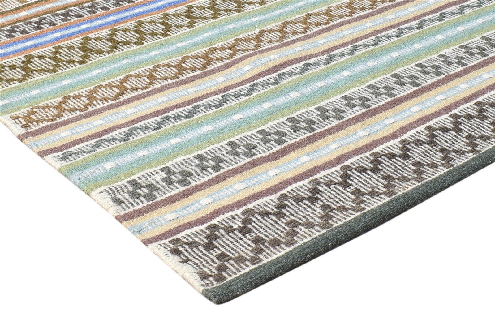 Dhurrie Green Wool Rug 5' X 8' Modern Bohemian Striped Room Size Carpet 