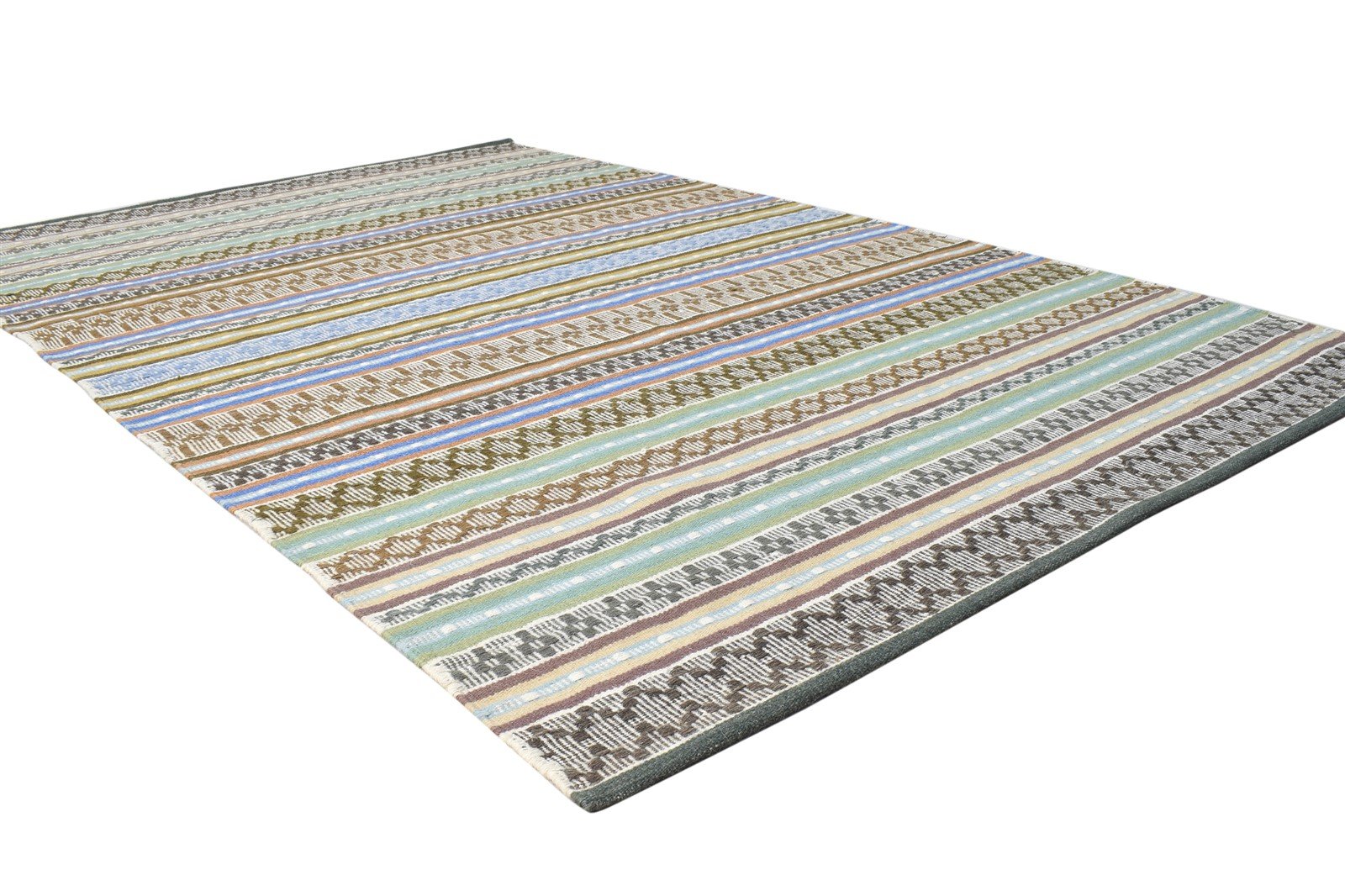 Dhurrie Green Wool Rug 5' X 8' Modern Bohemian Striped Room Size Carpet 