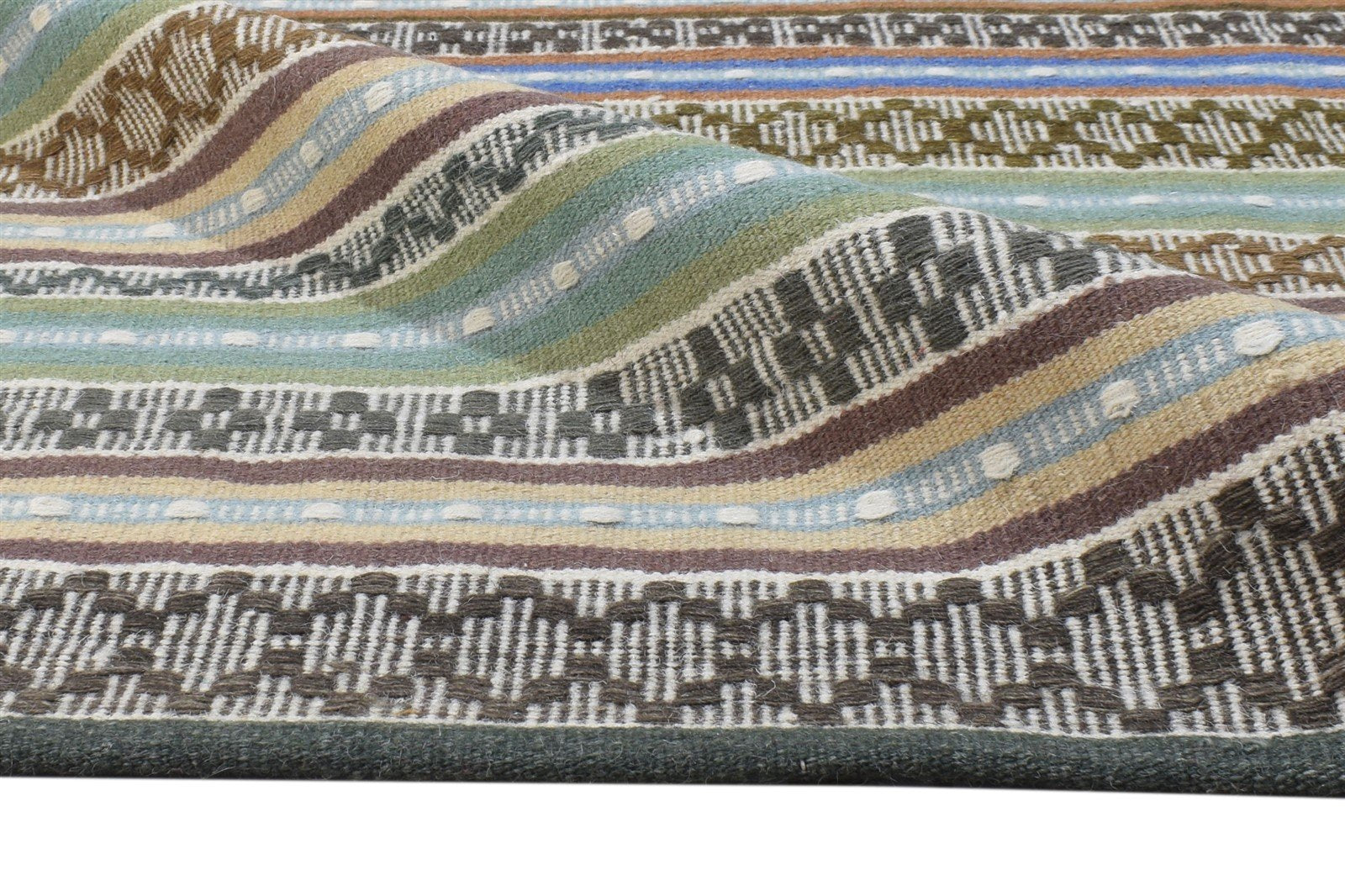 Dhurrie Green Wool Rug 5' X 8' Modern Bohemian Striped Room Size Carpet 