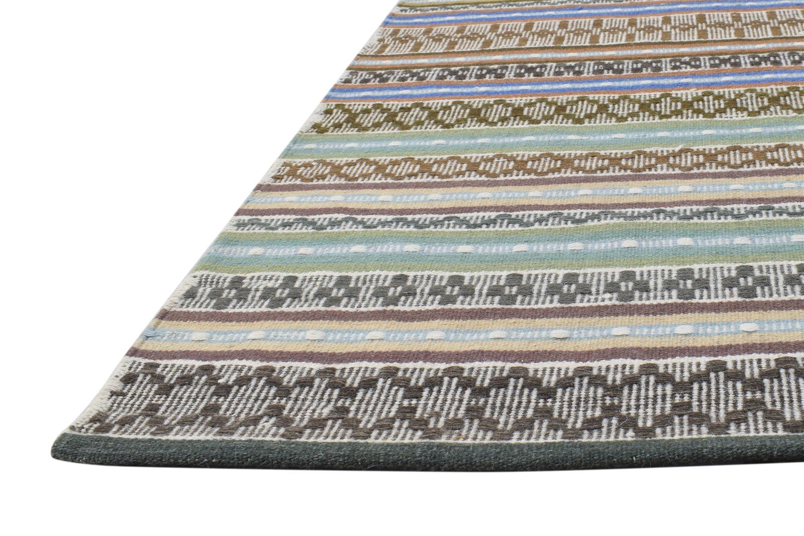 Dhurrie Green Wool Rug 5' X 8' Modern Bohemian Striped Room Size Carpet 