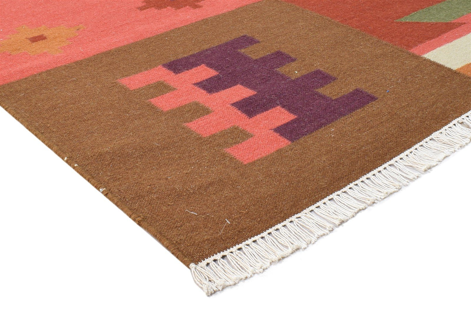 Dhurrie Red Wool Rug 6' X 8' Southwestern American Tribal Room Size Carpet 