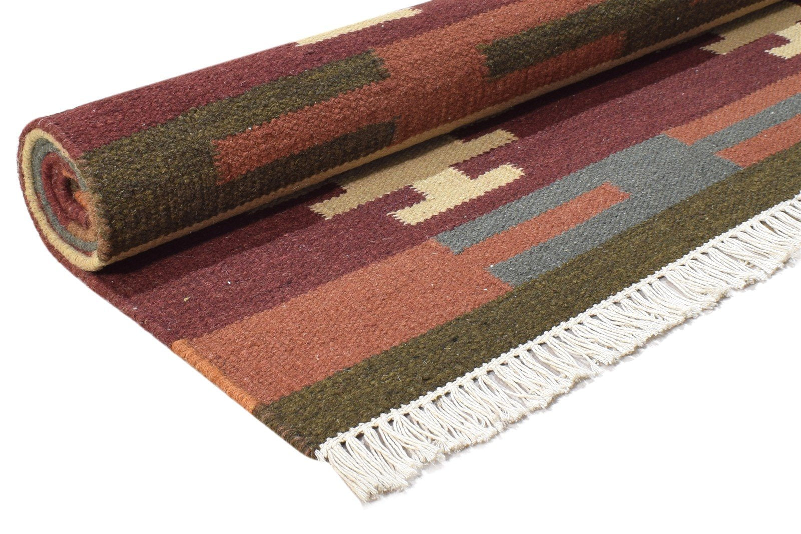 Dhurrie Wine Wool Rug 6' X 8' Southwestern American Tribal Room Size Carpet 