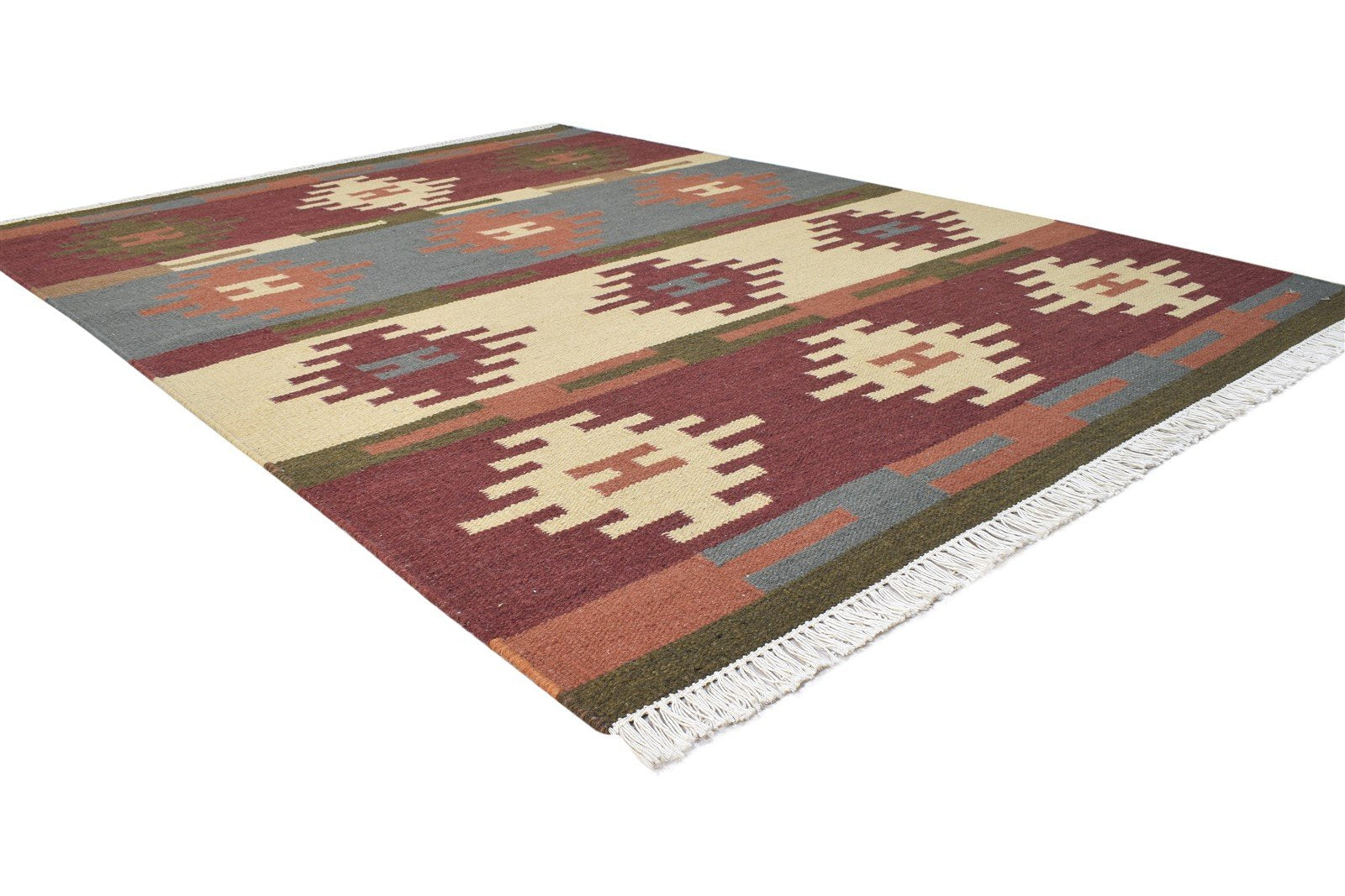 Dhurrie Wine Wool Rug 6' X 8' Southwestern American Tribal Room Size Carpet 