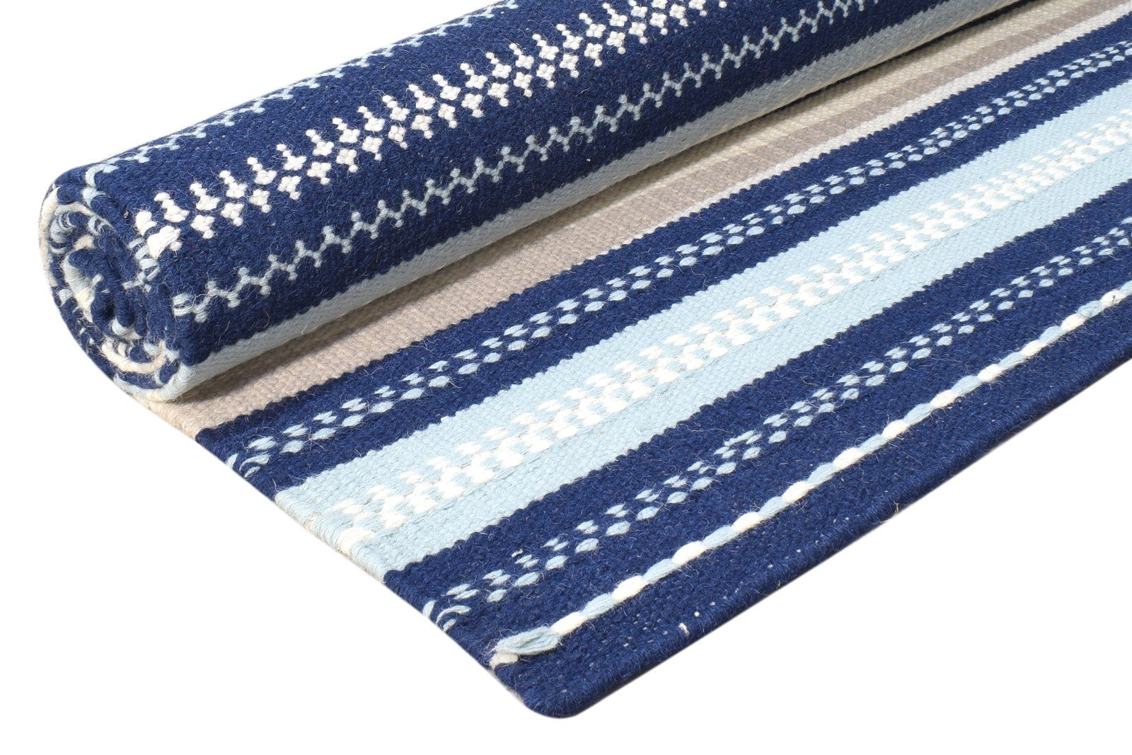 Wool Navy Blue Rug 5' X 8' Modern Dhurrie Scandinavian Striped Room Size Carpet 