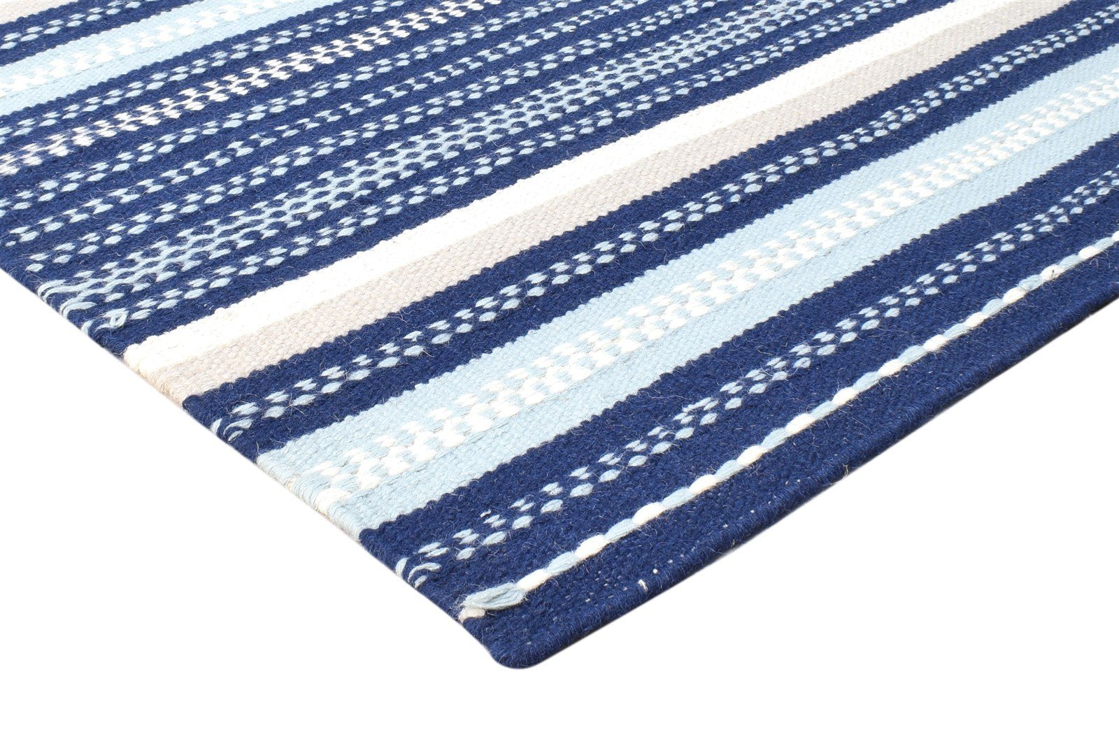 Wool Navy Blue Rug 5' X 8' Modern Dhurrie Scandinavian Striped Room Size Carpet 