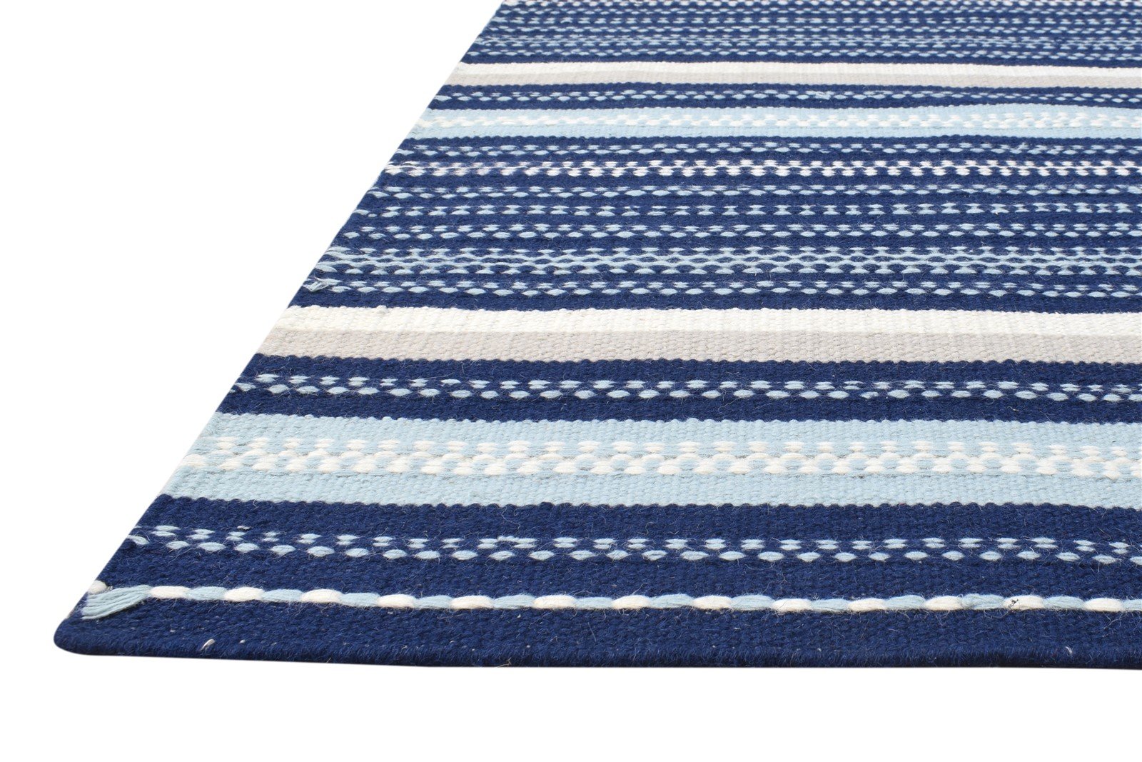 Wool Navy Blue Rug 5' X 8' Modern Dhurrie Scandinavian Striped Room Size Carpet 