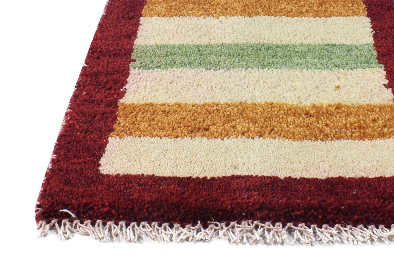 Hand Knotted Cream Wool Rug 1' X 2' Southwestern Gabbeh Striped Small Carpet 