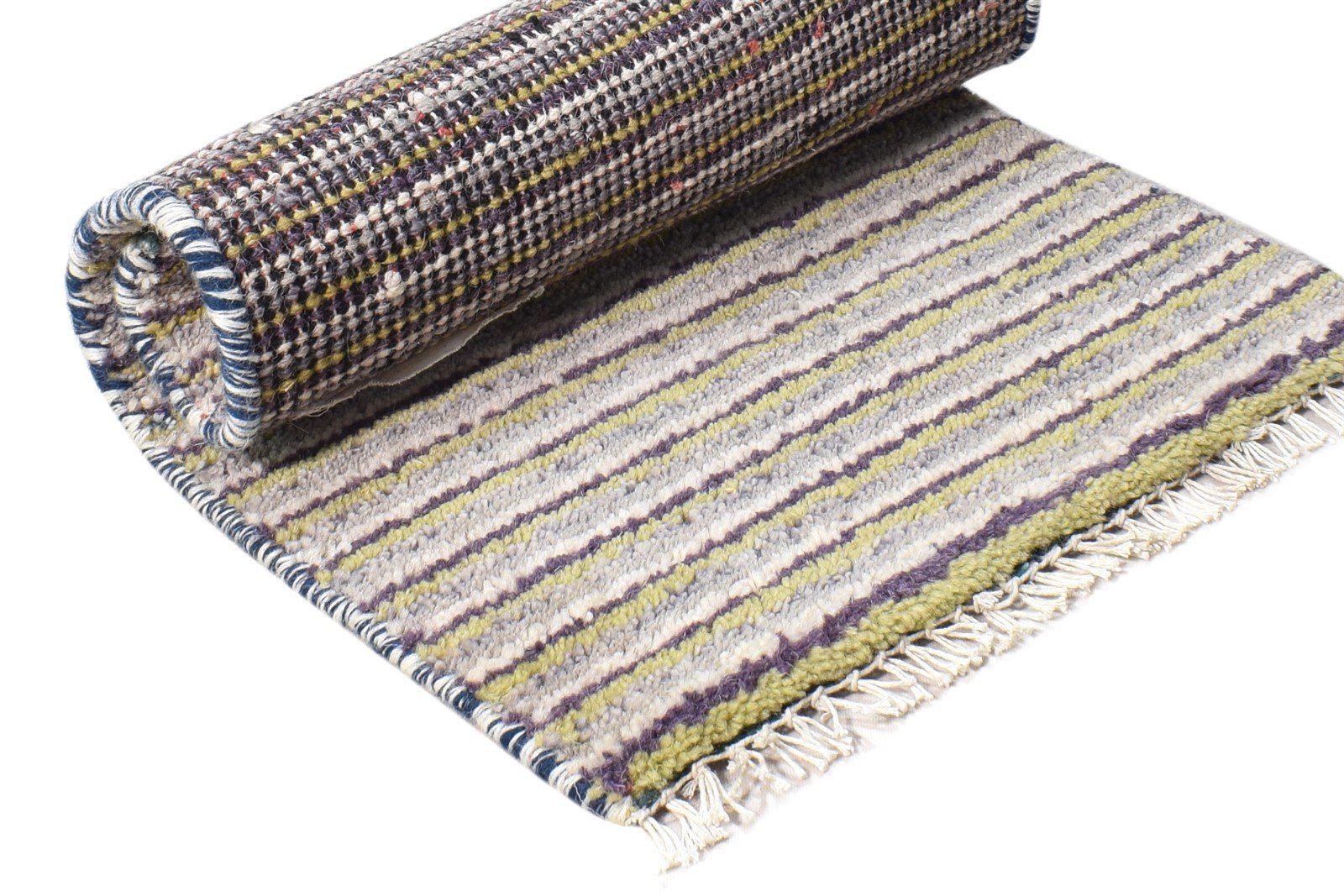 Wool Grey Rug 1' X 2' Southwestern Hand Knotted Gabbeh Striped Small Carpet 