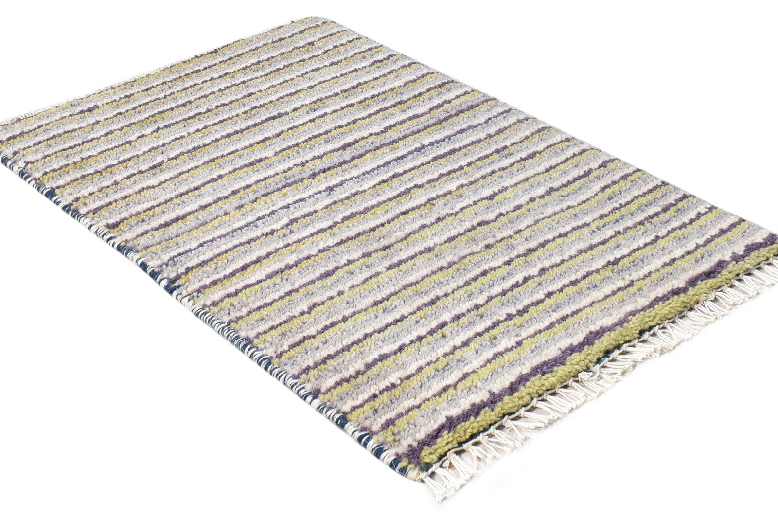 Wool Grey Rug 1' X 2' Southwestern Hand Knotted Gabbeh Striped Small Carpet 