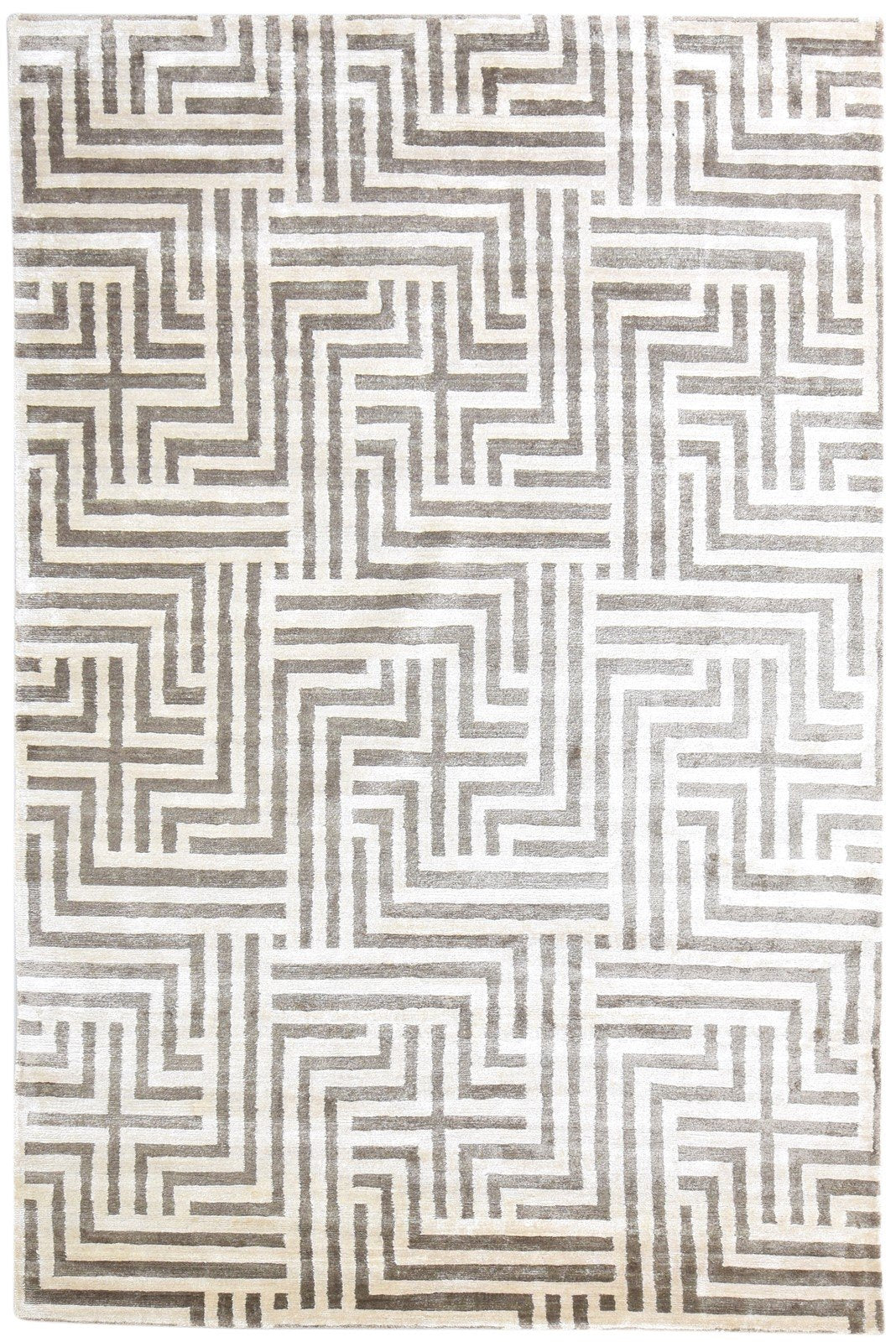 Silk Cream Rug 6' X 8' Modern Hand Knotted Moroccan Geometric Room Size Carpet 