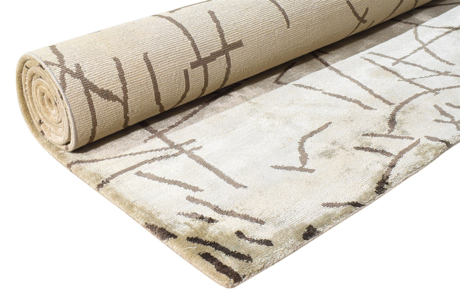 6X9 Rug Silk Cream Modern Hand Knotted Scandinavian Abstract Room Size Carpet 