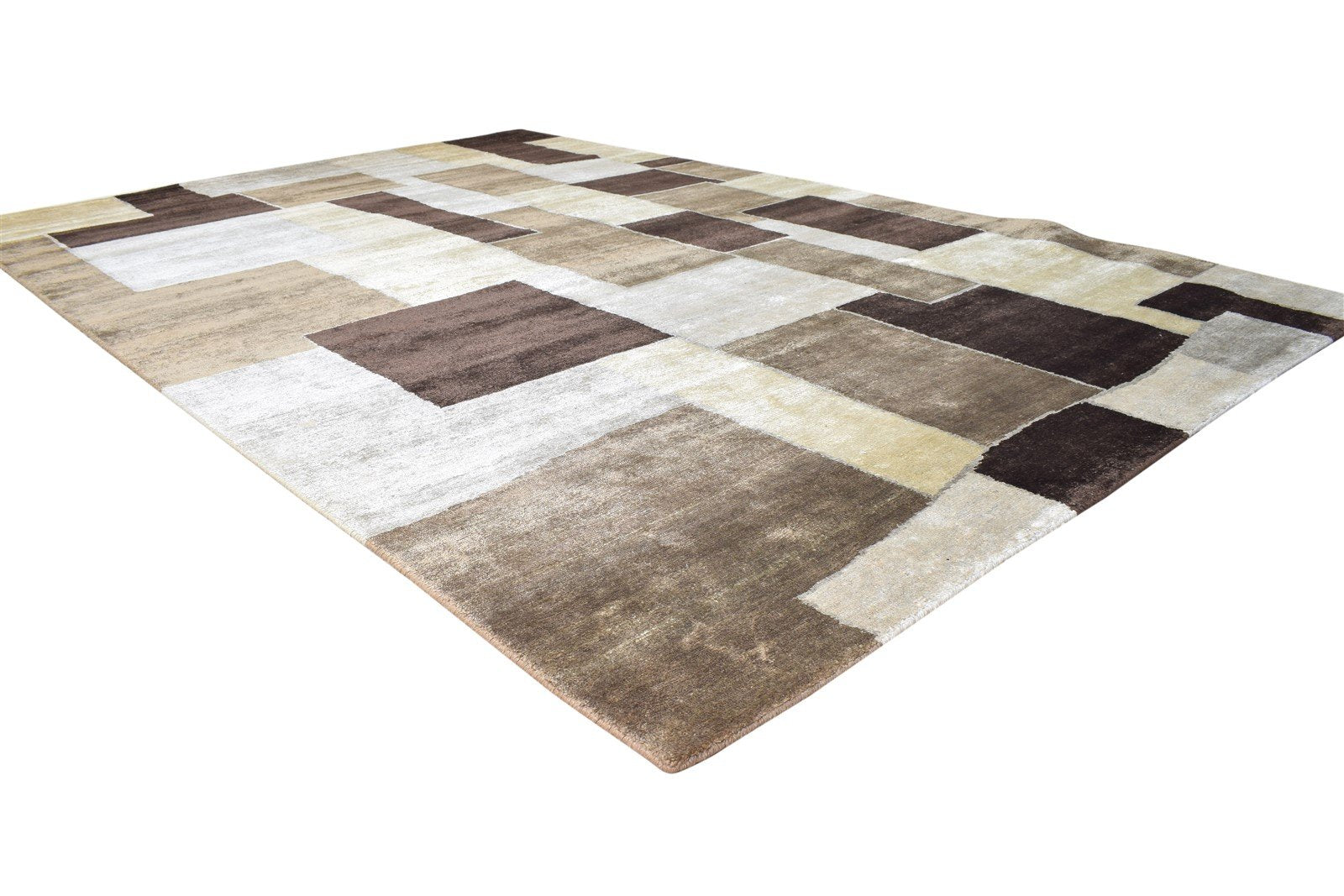 6X9 Rug Silk Brown Modern Hand Knotted Scandinavian Geometric Room Size Carpet 