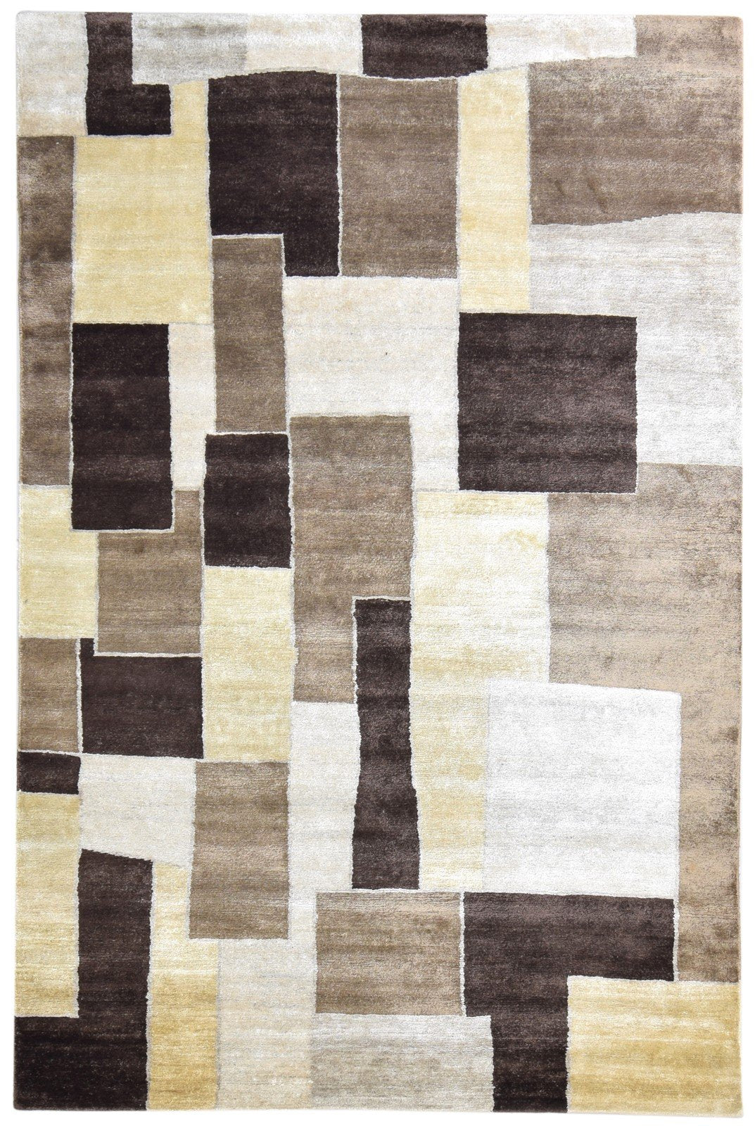 6X9 Rug Silk Brown Modern Hand Knotted Scandinavian Geometric Room Size Carpet 