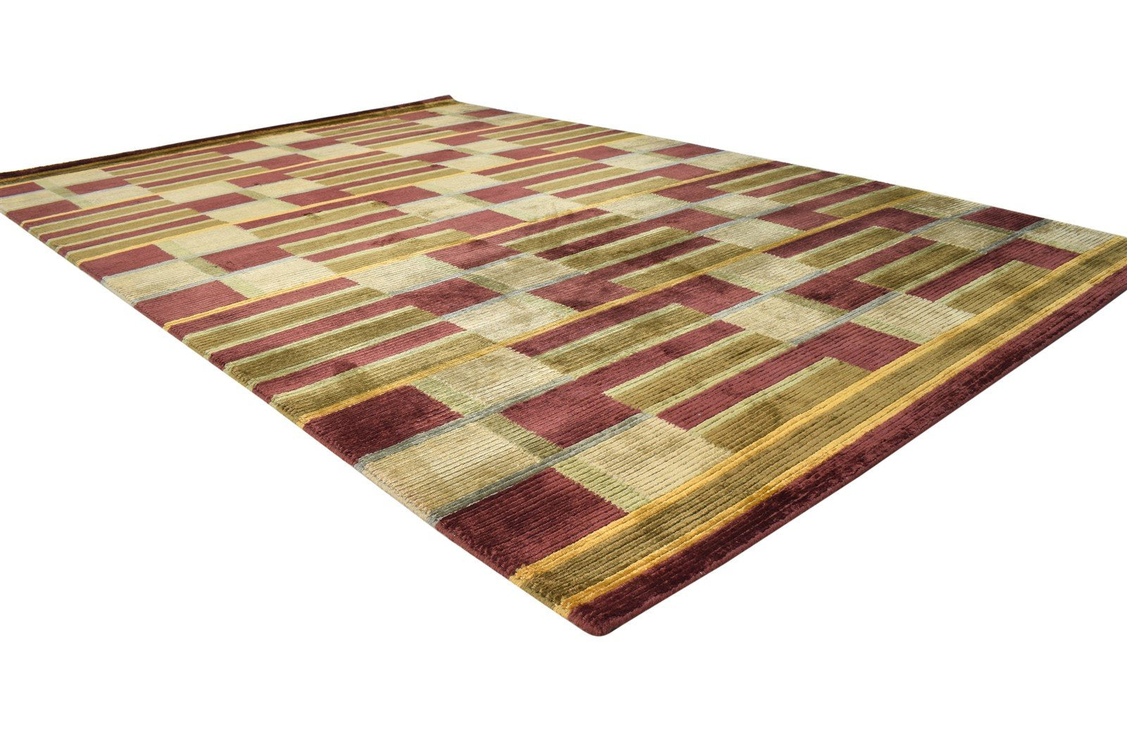 Silk Olive Rug 6X8 Modern Hand Knotted Scandinavian Geometric Room Size Carpet 