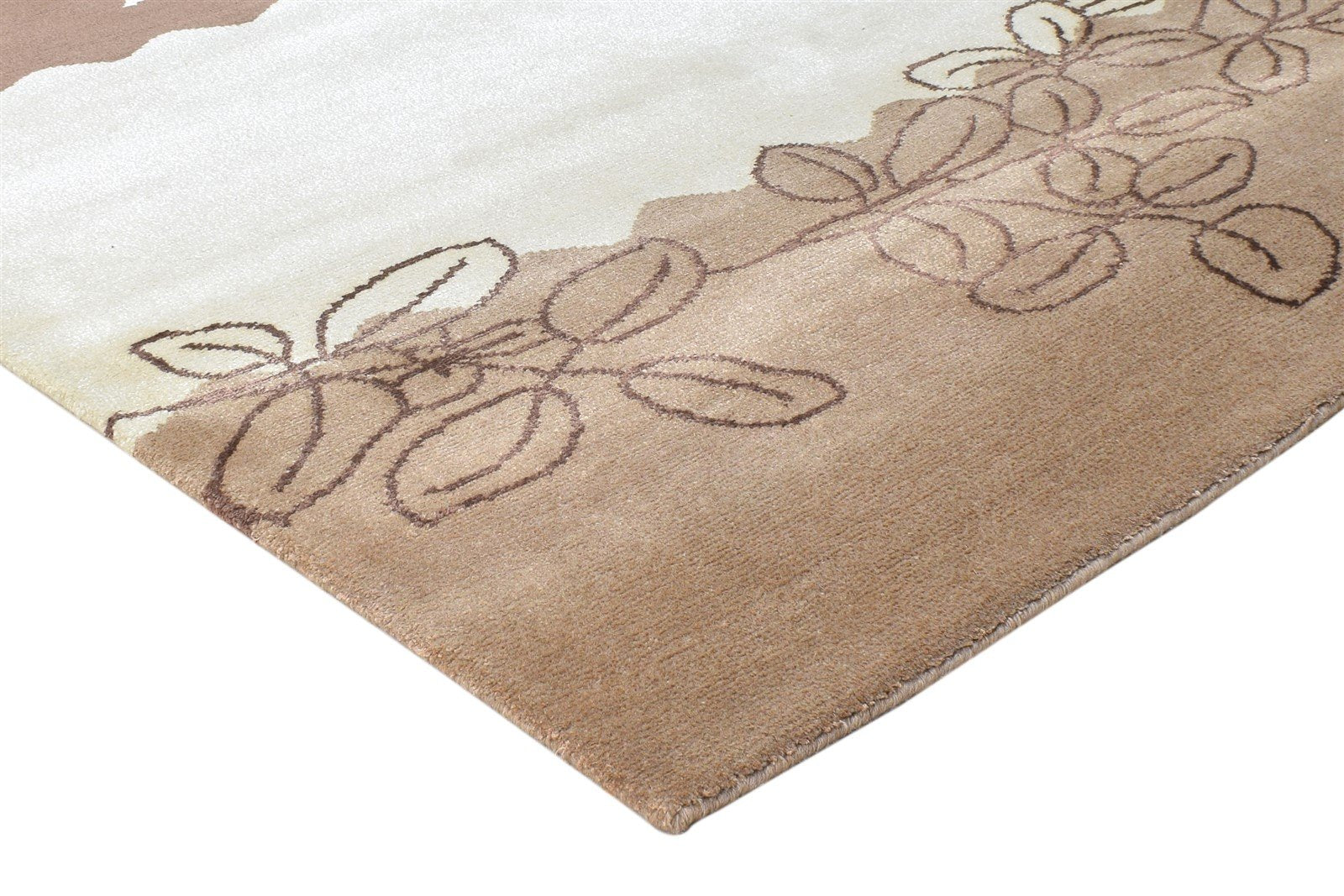 Hand Knotted Brown Silk Rug 6' X 8' Modern French Floral Room Size Carpet 