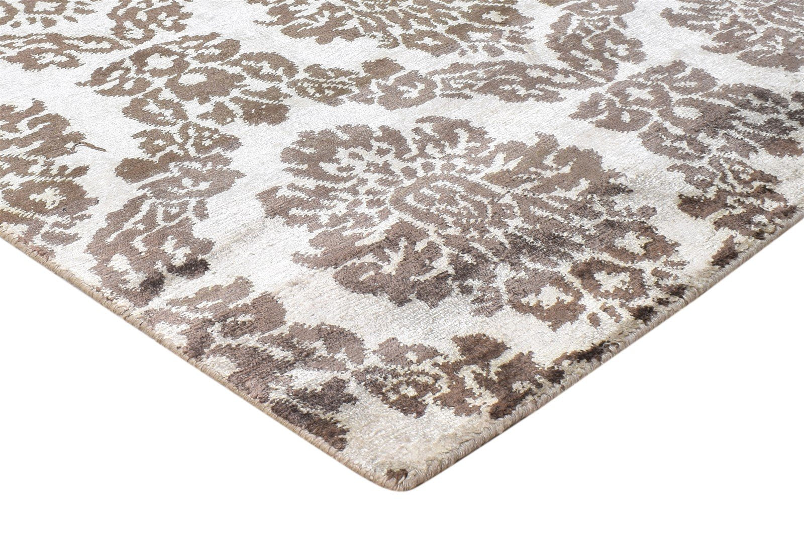 Hand Knotted Brown Silk Rug 6' X 9' Modern European Damask Room Size Carpet 