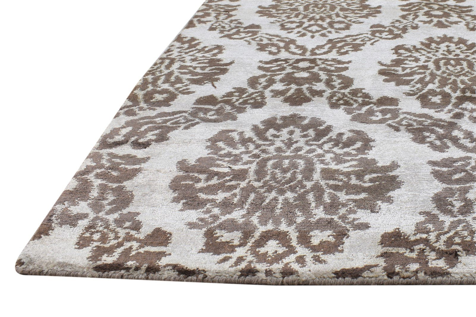 Hand Knotted Brown Silk Rug 6' X 9' Modern European Damask Room Size Carpet 