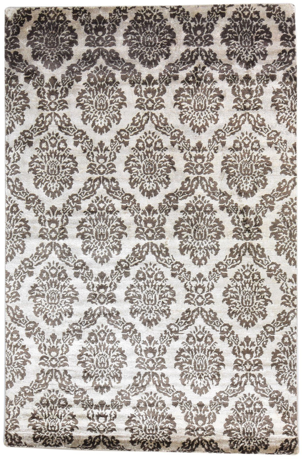 Hand Knotted Brown Silk Rug 6' X 9' Modern European Damask Room Size Carpet 