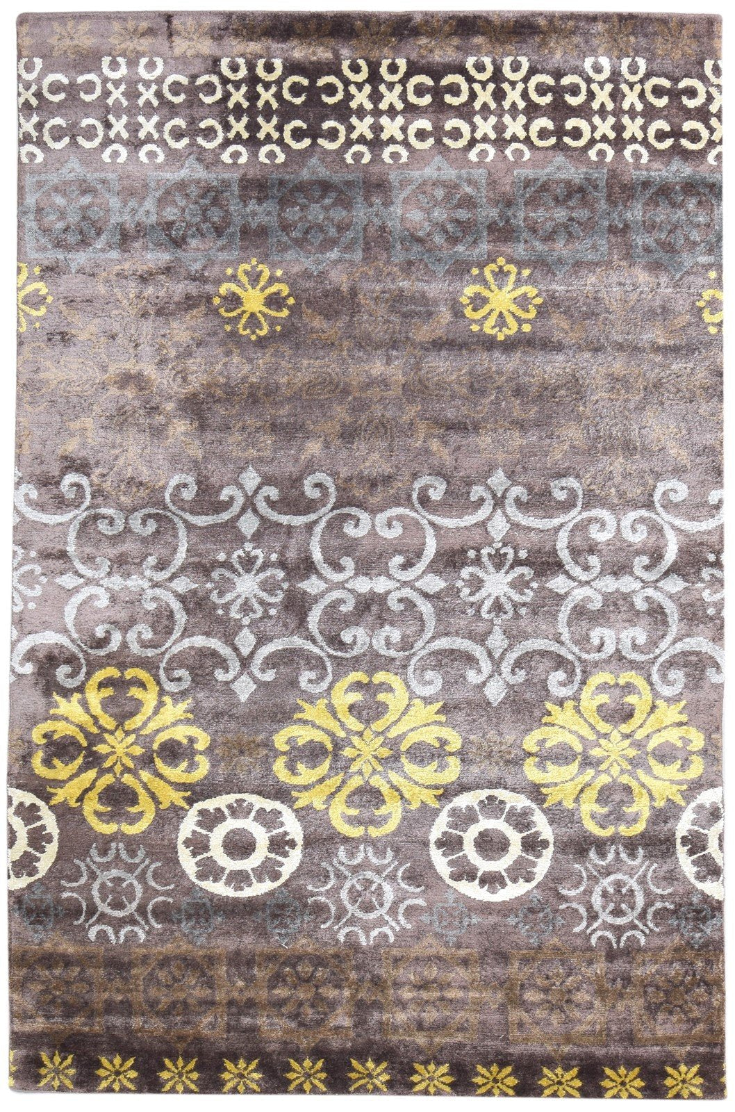 Hand Knotted Brown Silk Rug 6' X 9' Modern American Abstract Room Size Carpet 