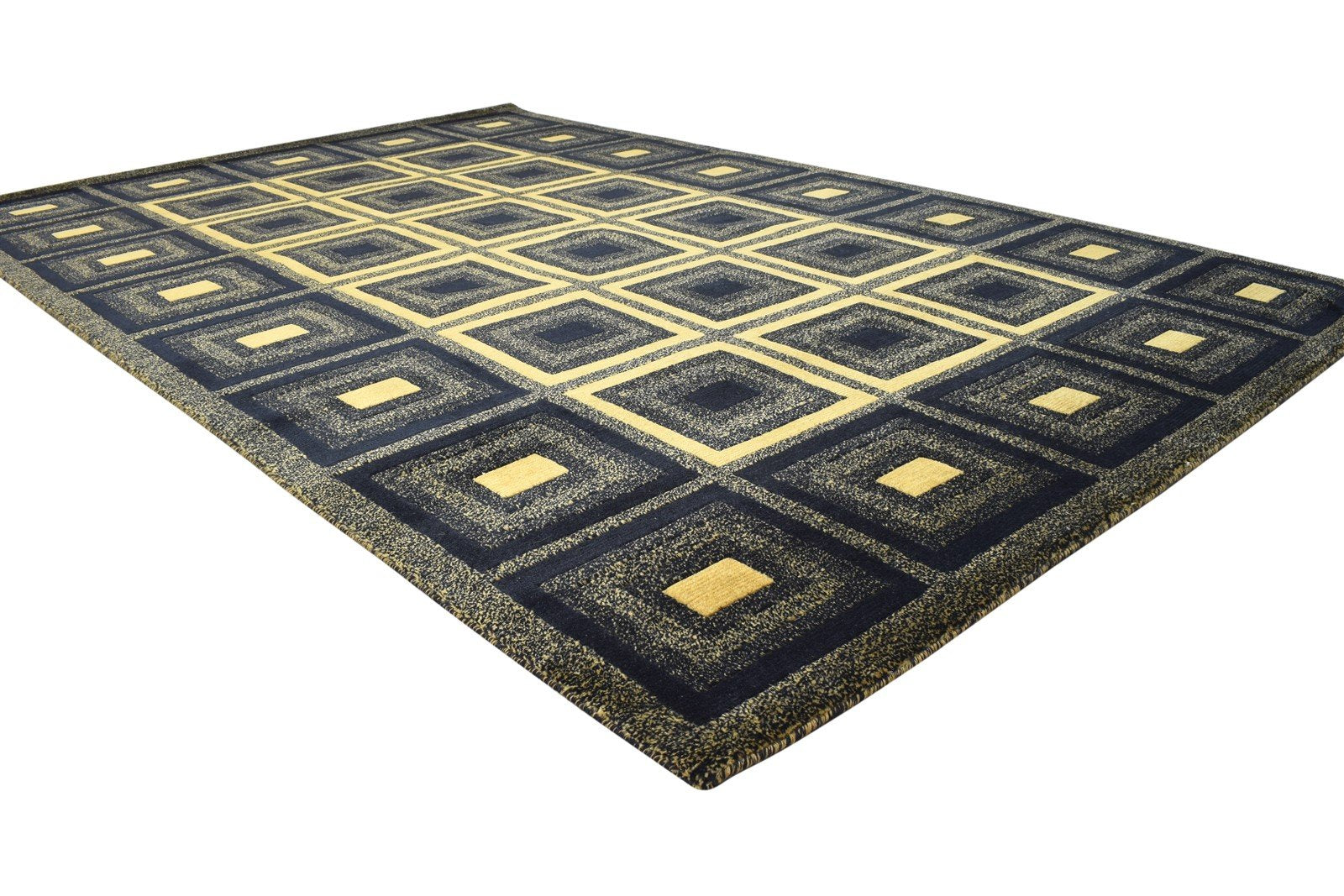 Wool / Silk Navy Blue Rug 6X9 Modern Hand Knotted Moroccan Geometric Room Size 