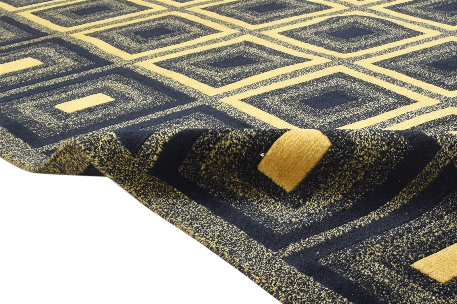 Wool / Silk Navy Blue Rug 6X9 Modern Hand Knotted Moroccan Geometric Room Size 