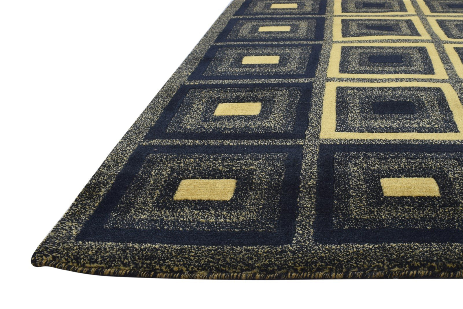 Wool / Silk Navy Blue Rug 6X9 Modern Hand Knotted Moroccan Geometric Room Size 