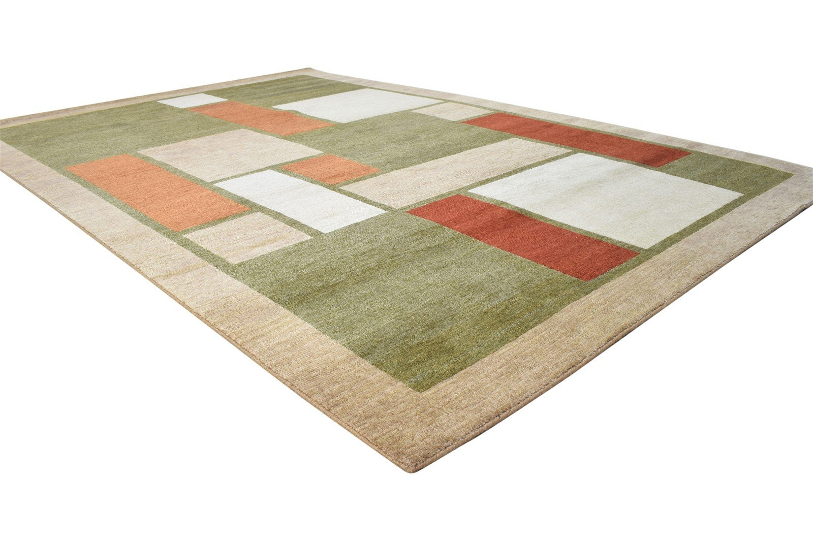 Hand Knotted Olive Wool Rug 6X9 Modern Scandinavian Abstract Room Size Carpet 