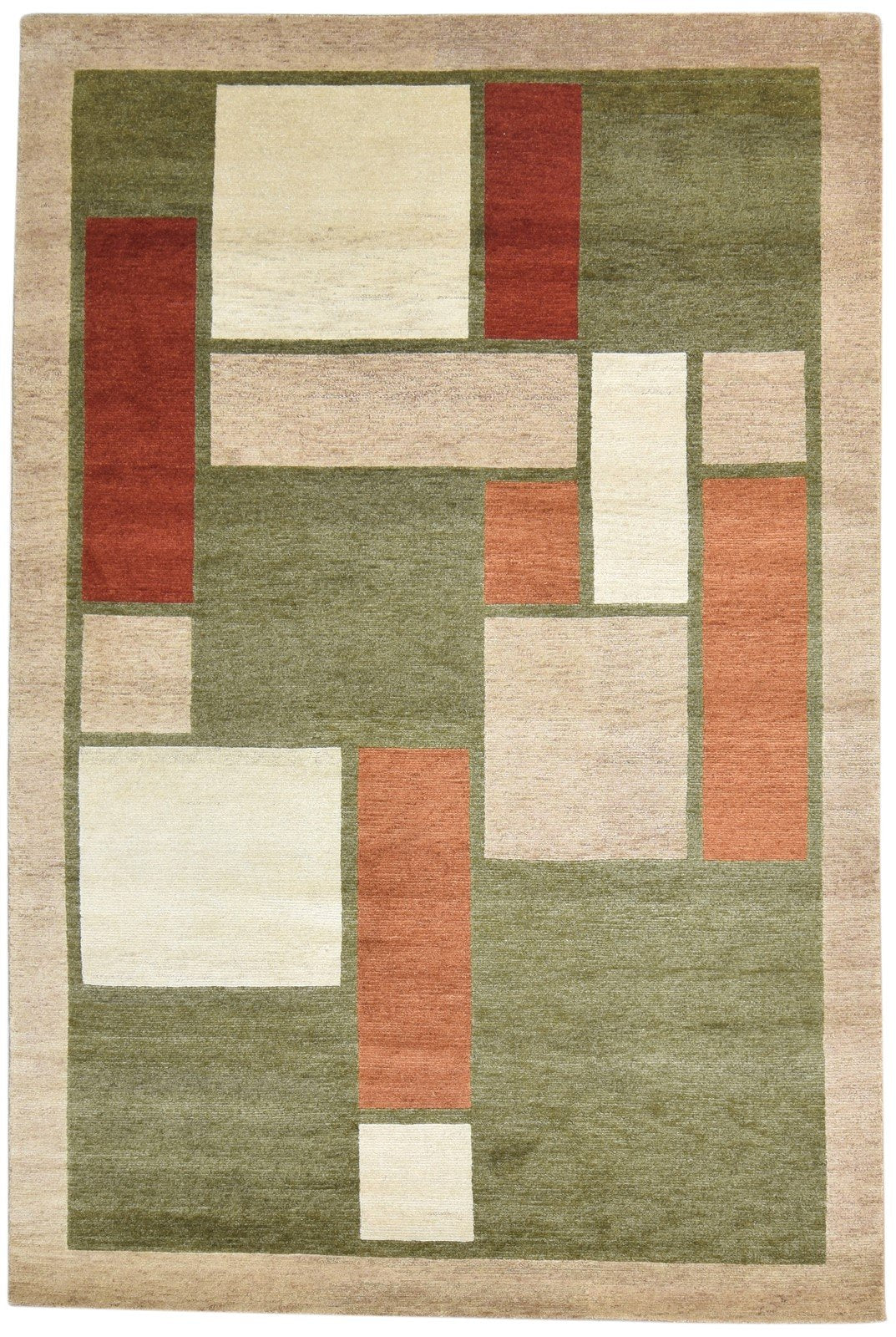 Hand Knotted Olive Wool Rug 6X9 Modern Scandinavian Abstract Room Size Carpet 