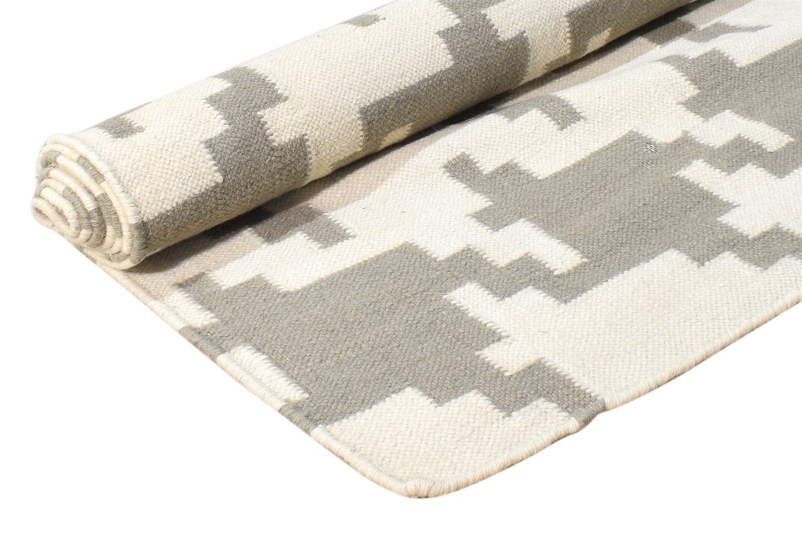 Dhurrie Off-White Wool Rug 4' X 6' Modern American Houndstooth Room Size Carpet 