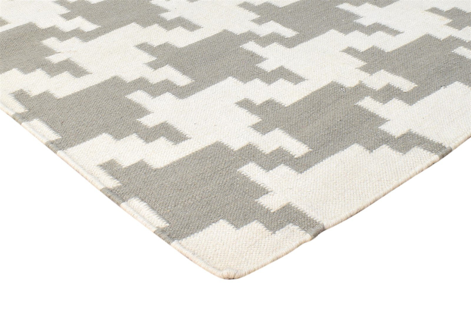 Dhurrie Off-White Wool Rug 4' X 6' Modern American Houndstooth Room Size Carpet 