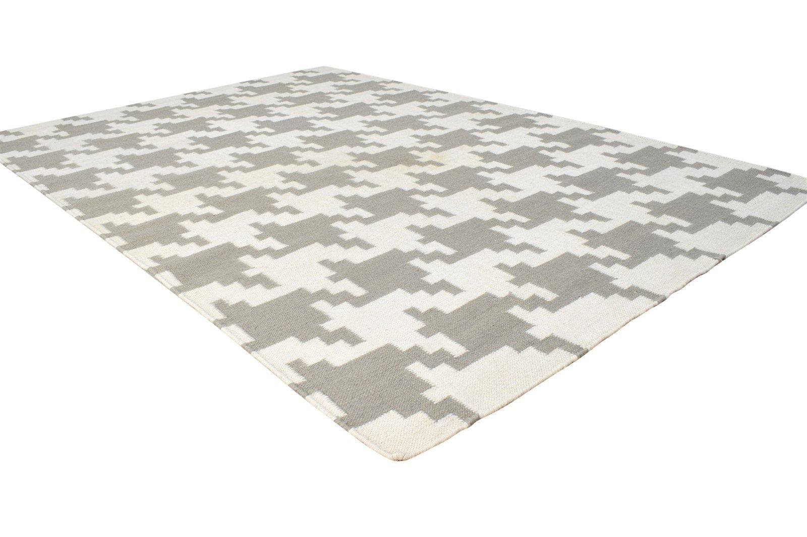 Dhurrie Off-White Wool Rug 4' X 6' Modern American Houndstooth Room Size Carpet 