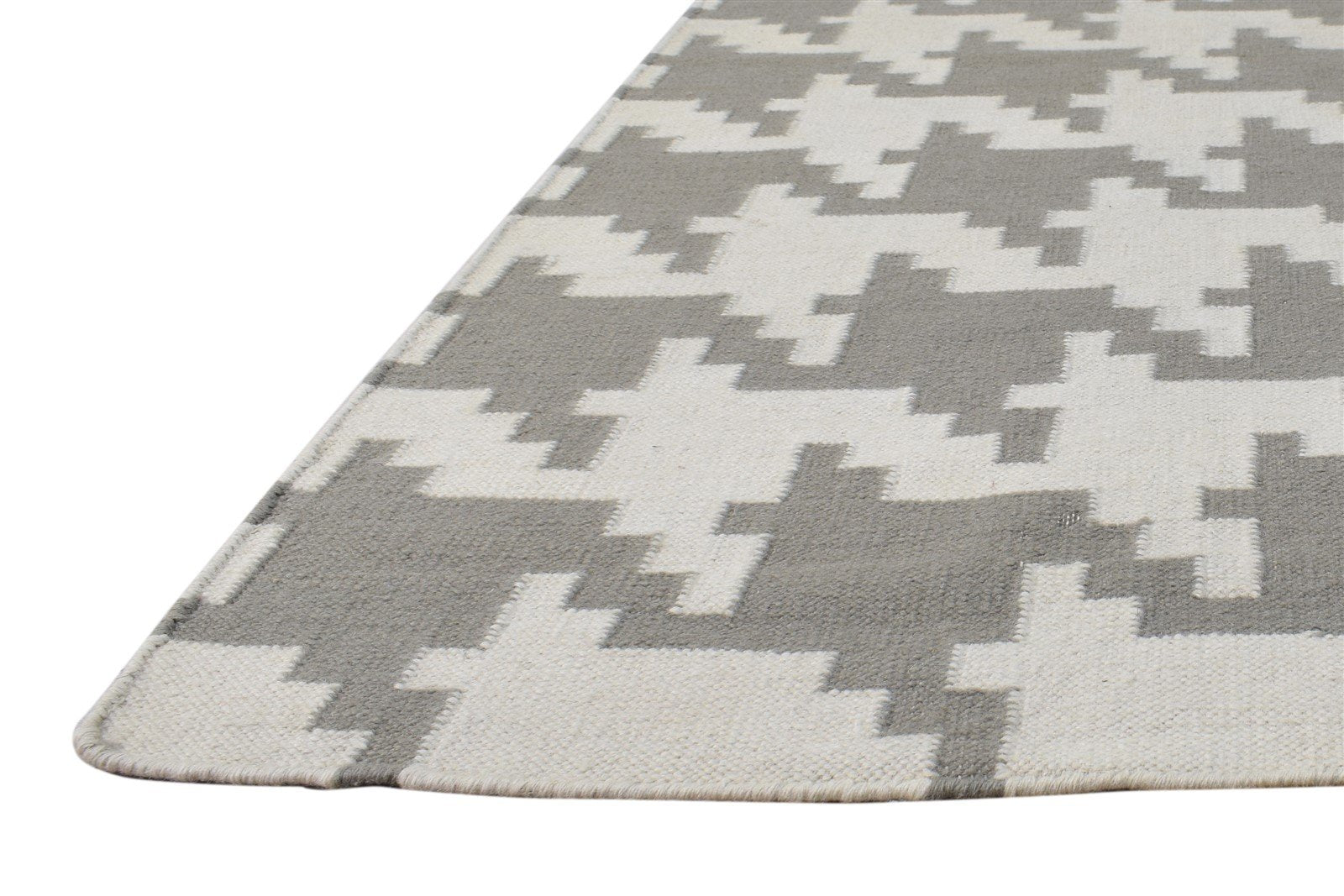 Dhurrie Off-White Wool Rug 4' X 6' Modern American Houndstooth Room Size Carpet 