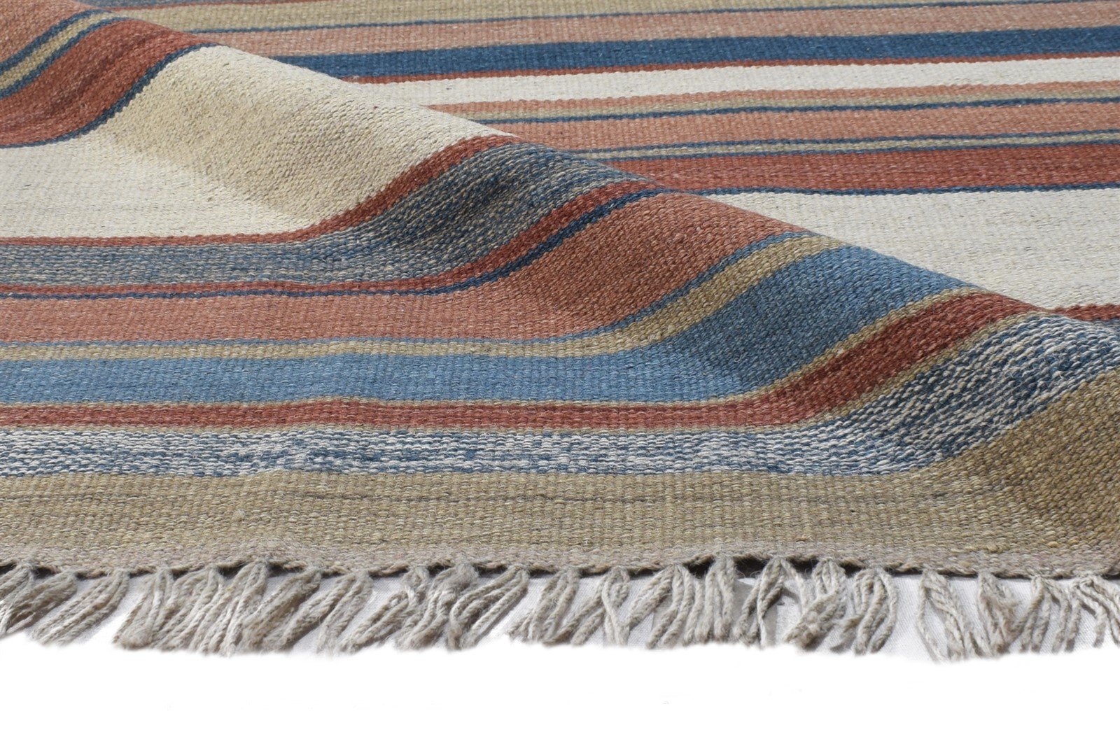 Multi Color Wool Rug 7' X 9' Modern Dhurrie Scandinavian Striped Large Carpet 