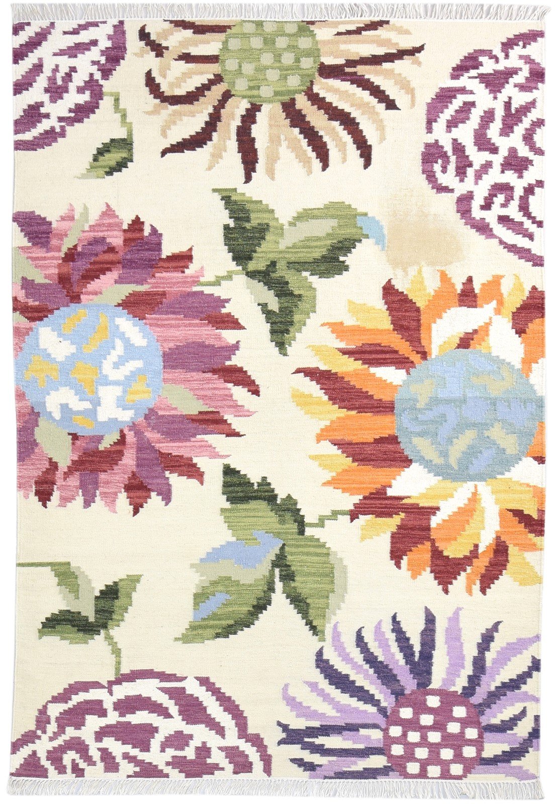 Cream Wool Rug 5' X 7' Modern Dhurrie French Floral Room Size Carpet 