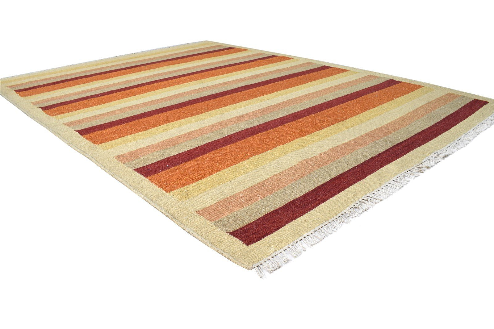 Wool Rust Rug 6' X 8' Modern Dhurrie Scandinavian Striped Room Size Carpet 