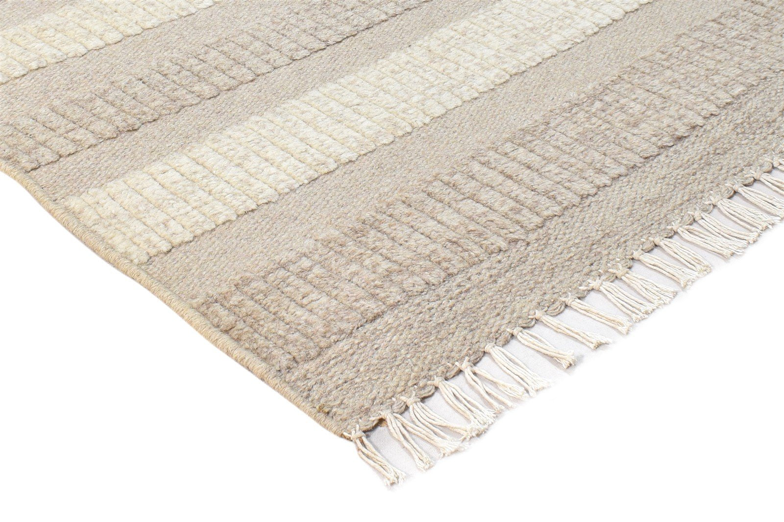 Beige Wool Rug 2' X 5' Modern Dhurrie Scandinavian Striped Small Carpet 