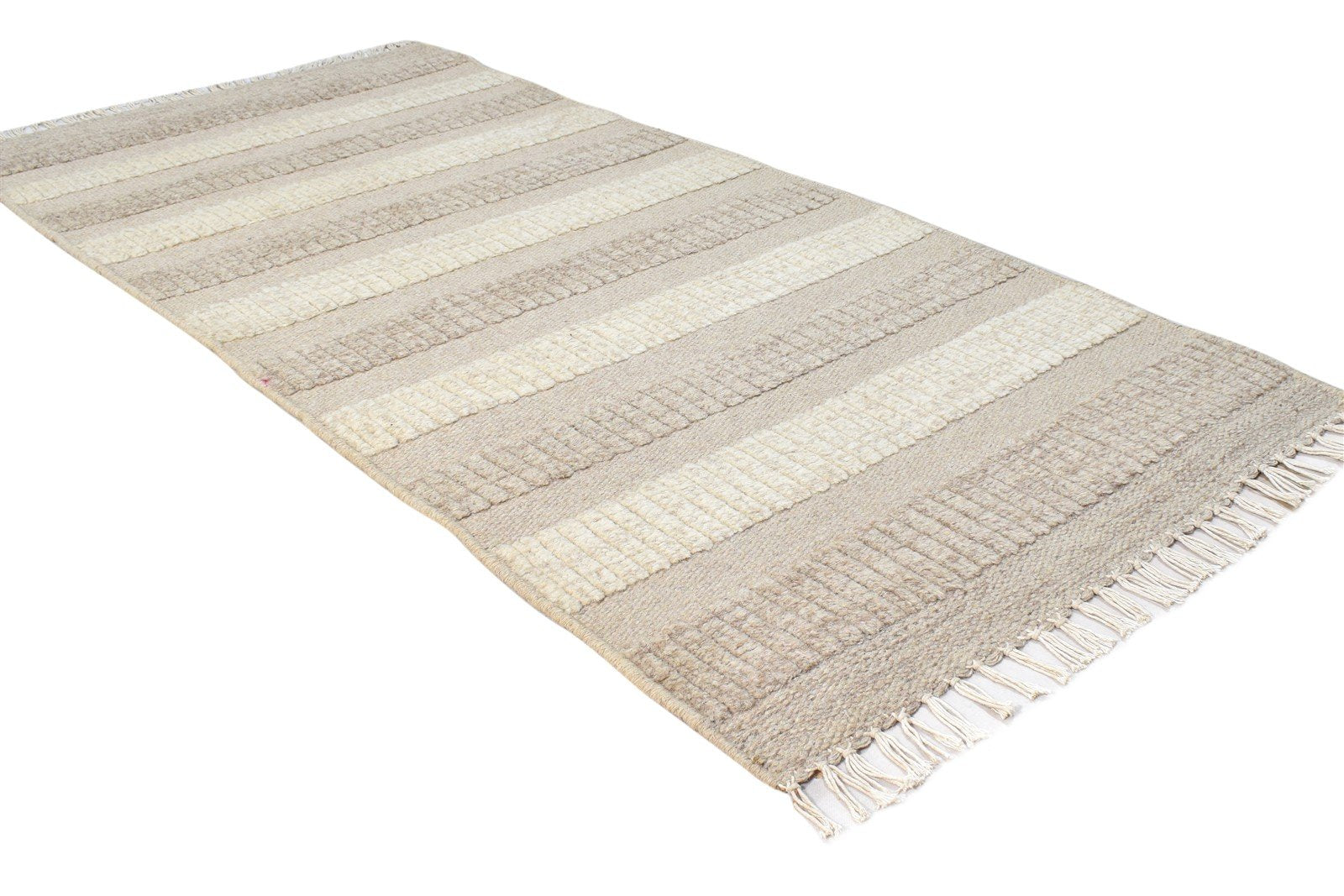 Beige Wool Rug 2' X 5' Modern Dhurrie Scandinavian Striped Small Carpet 