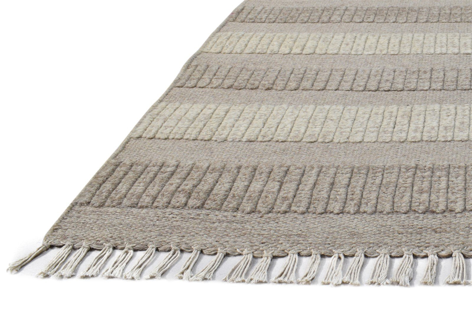 Beige Wool Rug 2' X 5' Modern Dhurrie Scandinavian Striped Small Carpet 