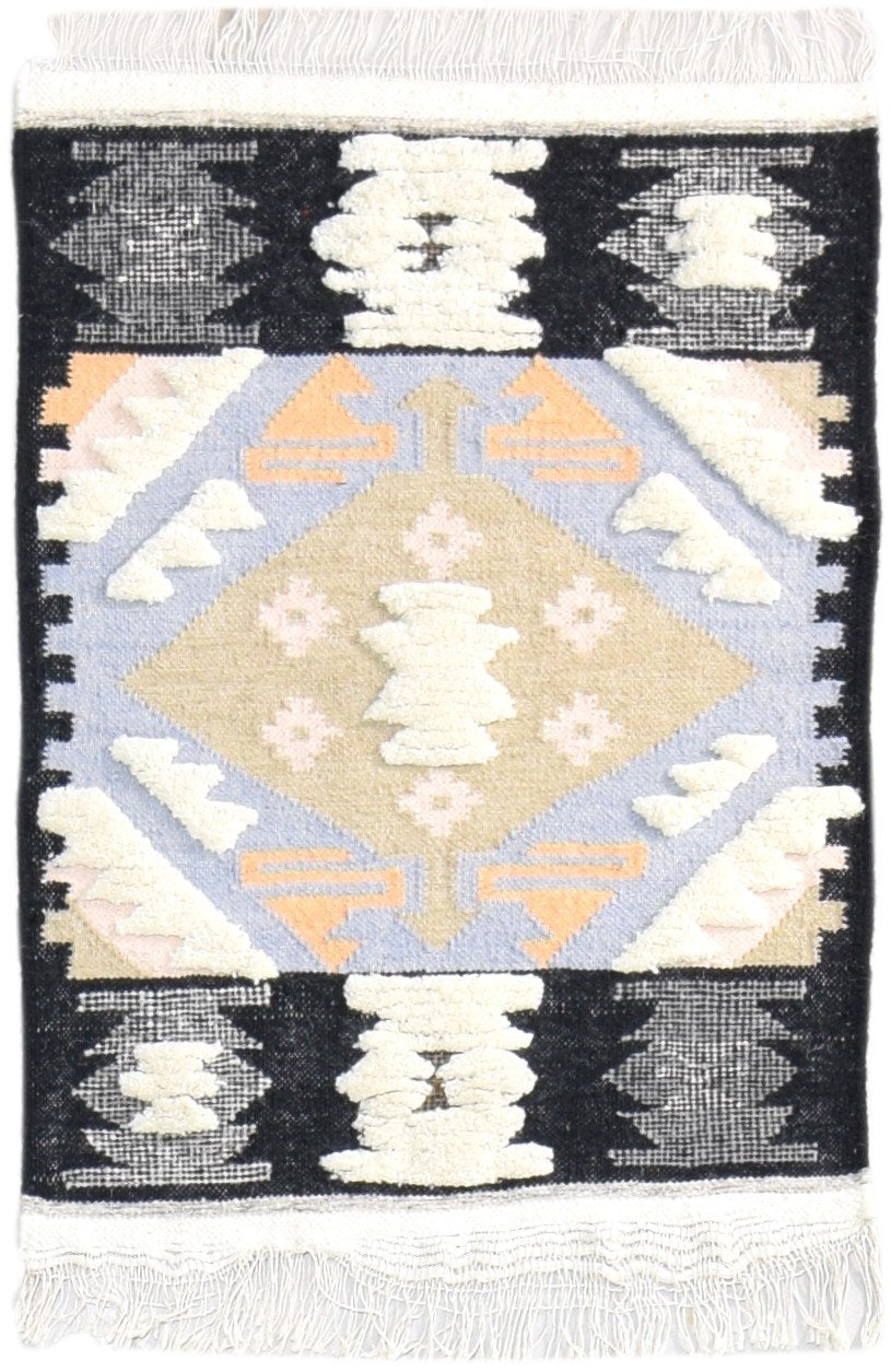 Wool Blue Rug 2' X 3' Southwestern Dhurrie American Tribal Small Carpet 