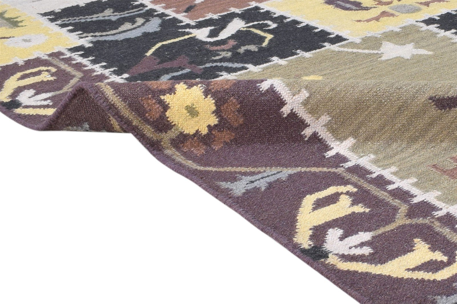 Dhurrie Brown Wool Rug 4' X 6' Modern Oriental Patchwork Room Size Carpet 