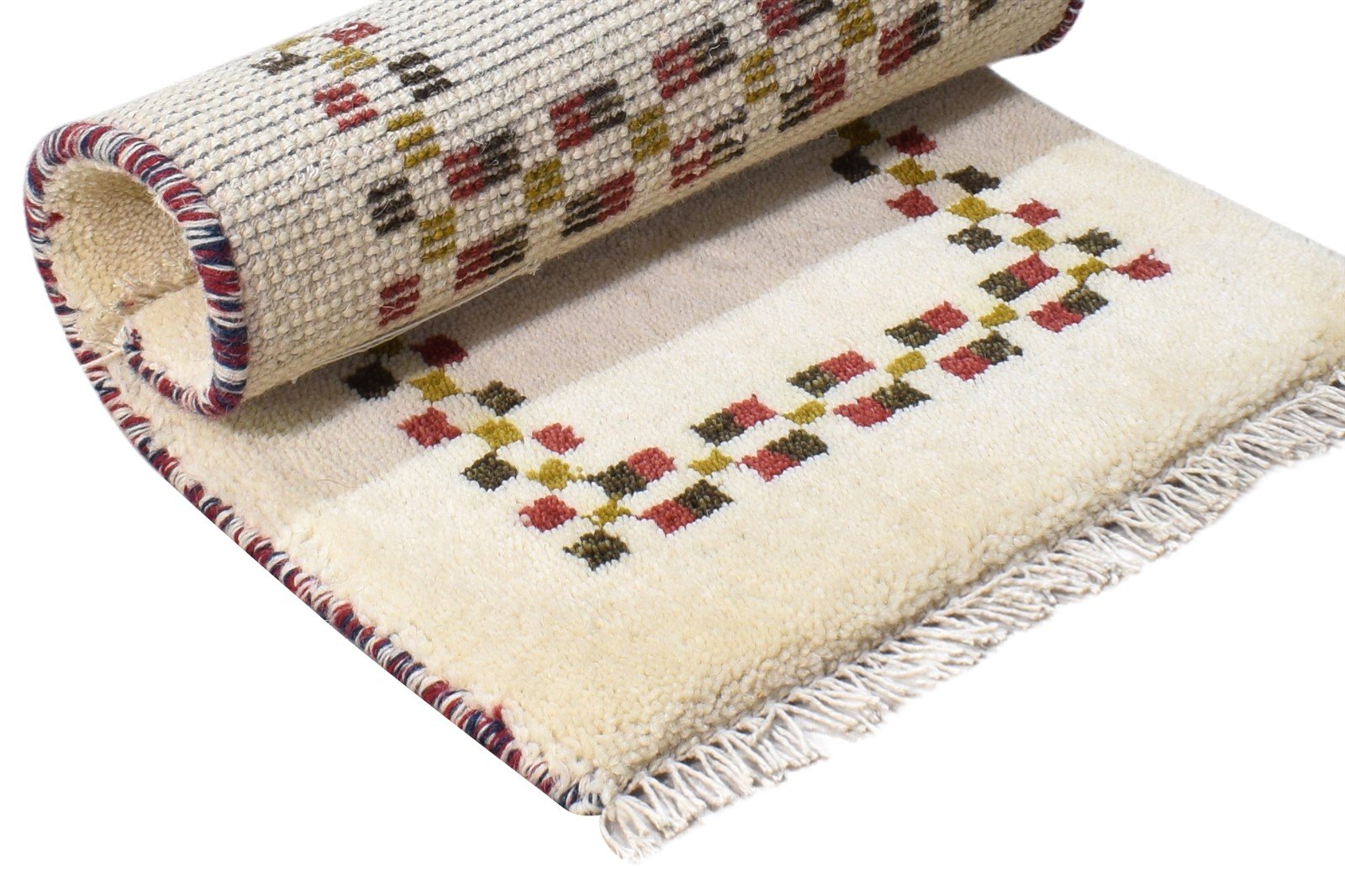 Wool Cream Rug 1' X 2' Modern Hand Knotted Scandinavian Bordered Small Carpet 